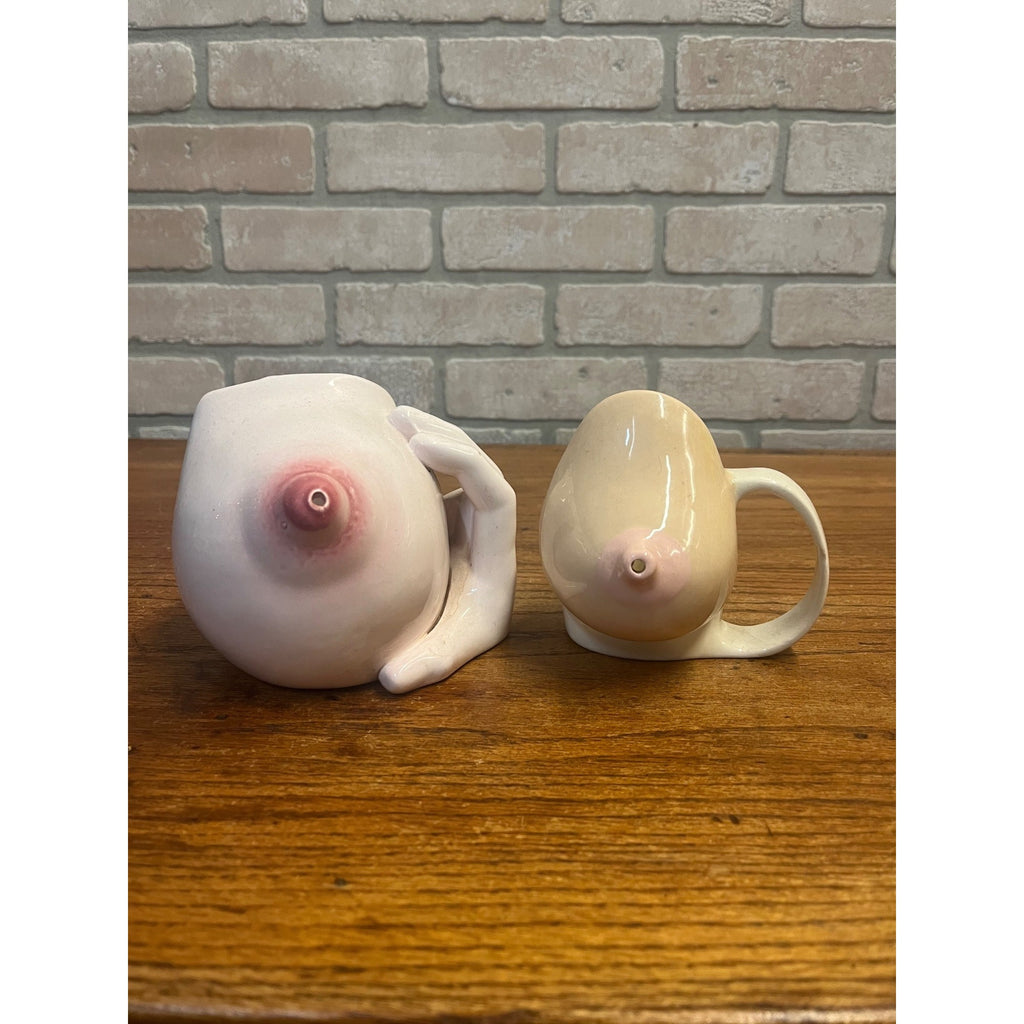 Vintage Novelty Breast Boob Ceramic Mug Cup Risque Adult Humor Gag Gift Lot of 2