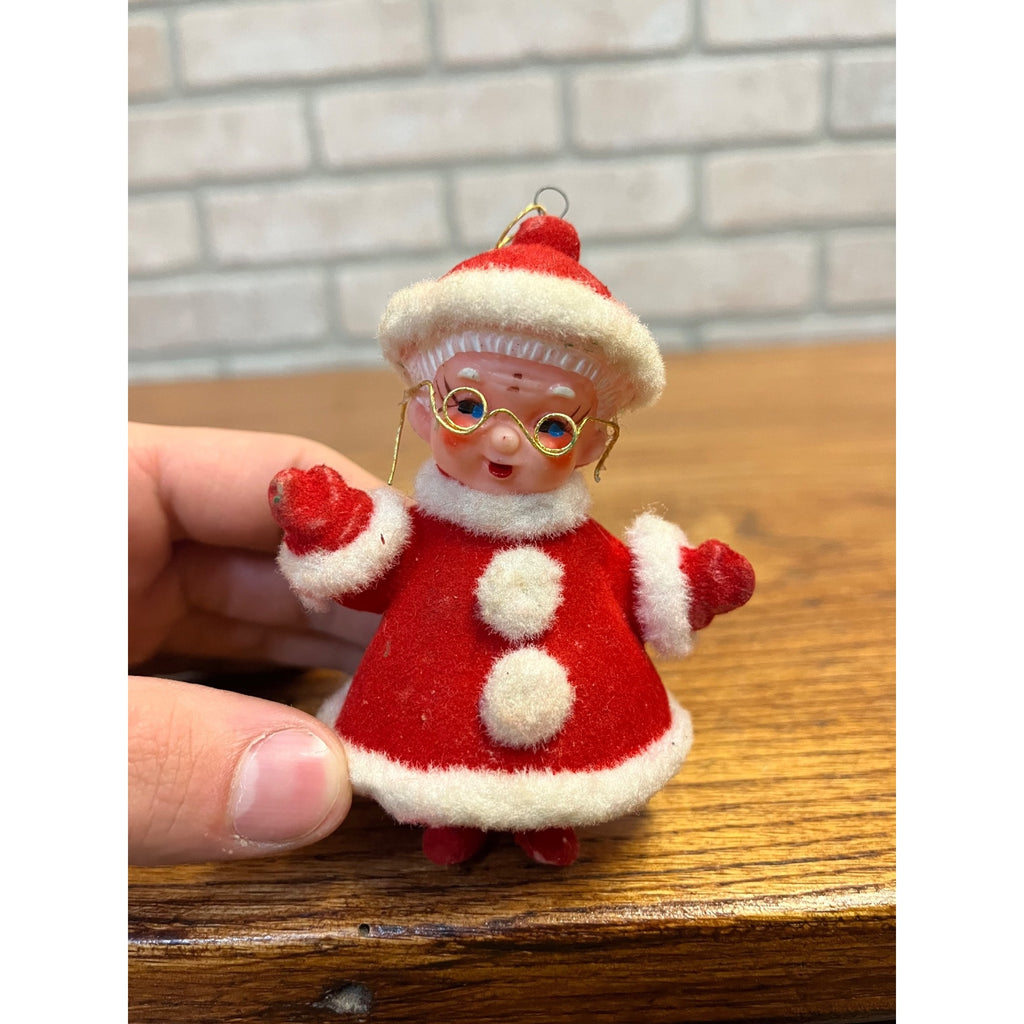 Vintage Christmas Santa and Mrs Claus Felt Flocked Blow Mold Ornament Japan