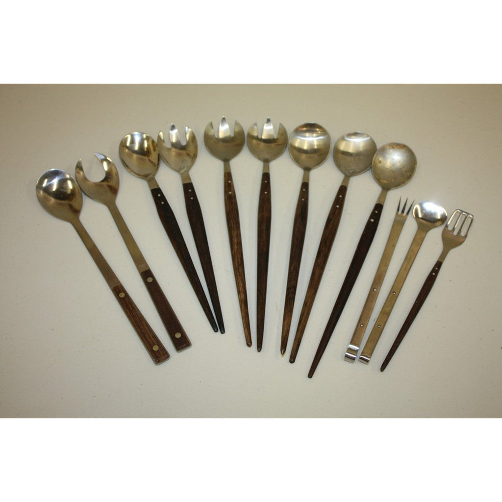 Lot of 12 Vintage MCM Stainless Steel Salad Servers Utensils, Wooden Handles