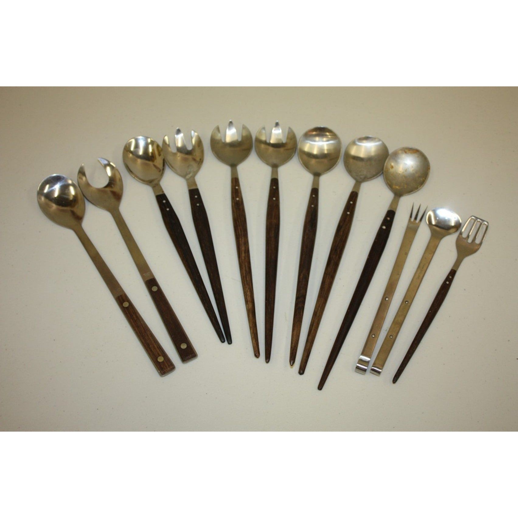Lot of 12 Vintage MCM Stainless Steel Salad Servers Utensils, Wooden Handles