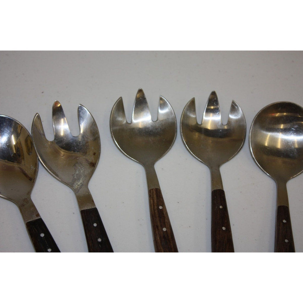 Lot of 12 Vintage MCM Stainless Steel Salad Servers Utensils, Wooden Handles
