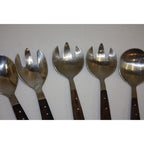 Lot of 12 Vintage MCM Stainless Steel Salad Servers Utensils, Wooden Handles