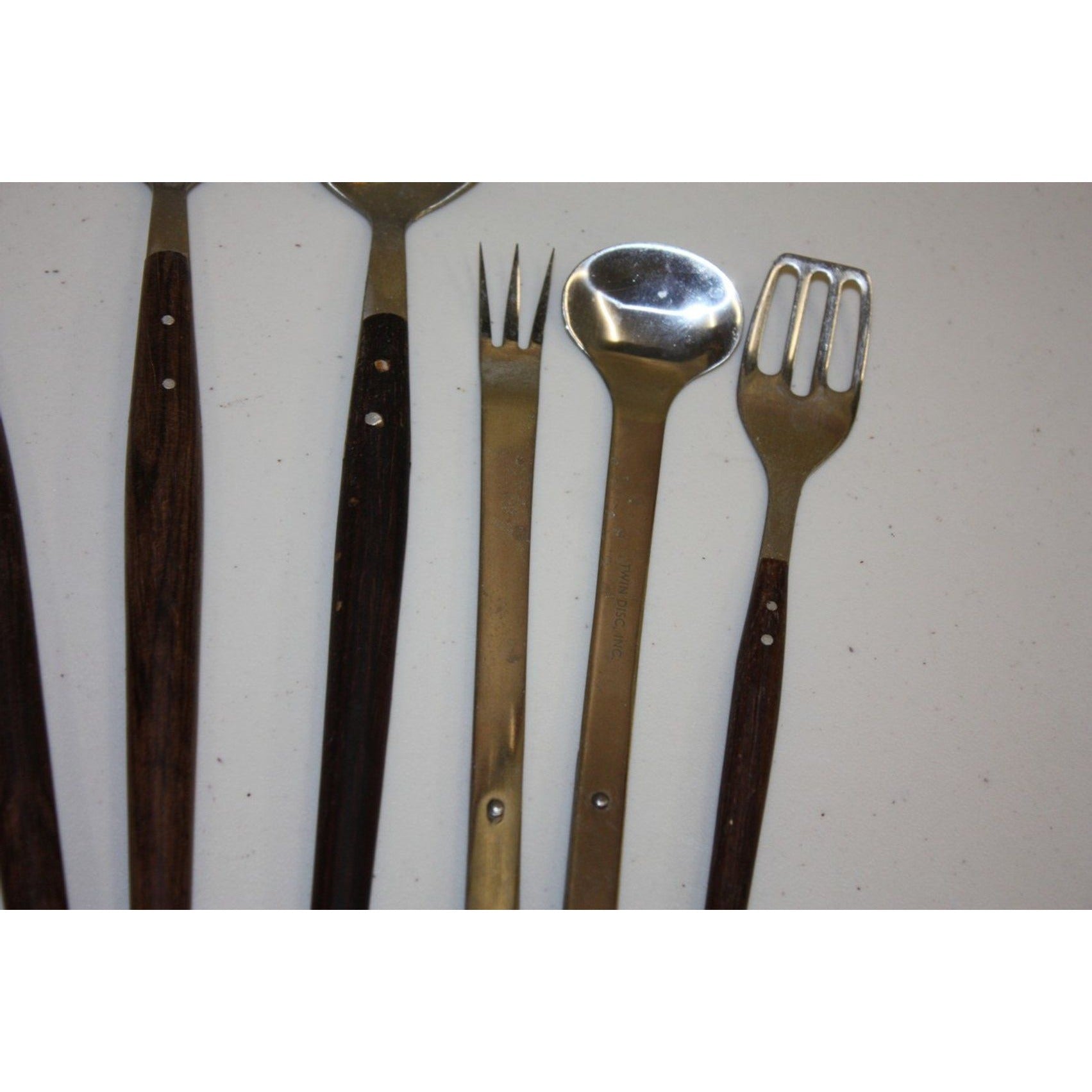 Lot of 12 Vintage MCM Stainless Steel Salad Servers Utensils, Wooden Handles