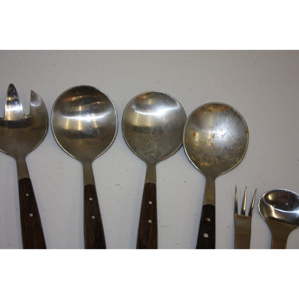Lot of 12 Vintage MCM Stainless Steel Salad Servers Utensils, Wooden Handles