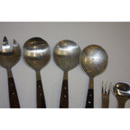 Lot of 12 Vintage MCM Stainless Steel Salad Servers Utensils, Wooden Handles