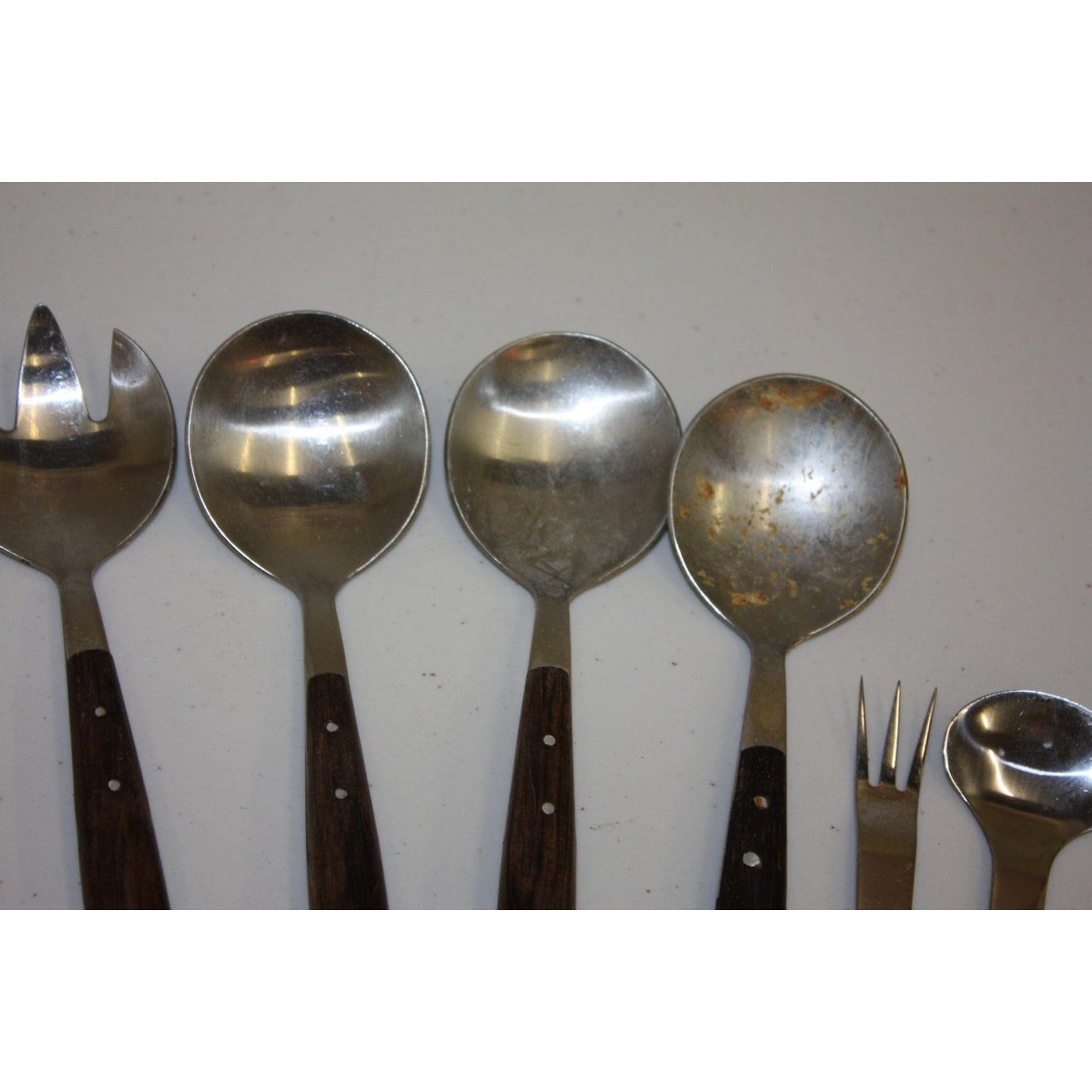 Lot of 12 Vintage MCM Stainless Steel Salad Servers Utensils, Wooden Handles