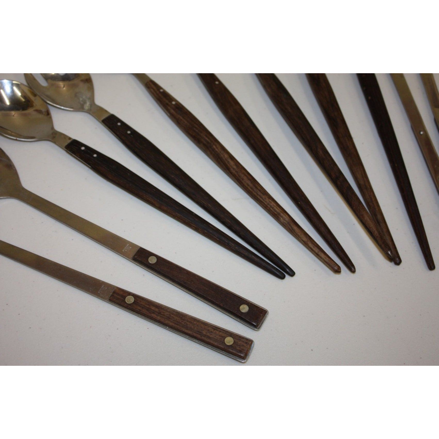 Lot of 12 Vintage MCM Stainless Steel Salad Servers Utensils, Wooden Handles