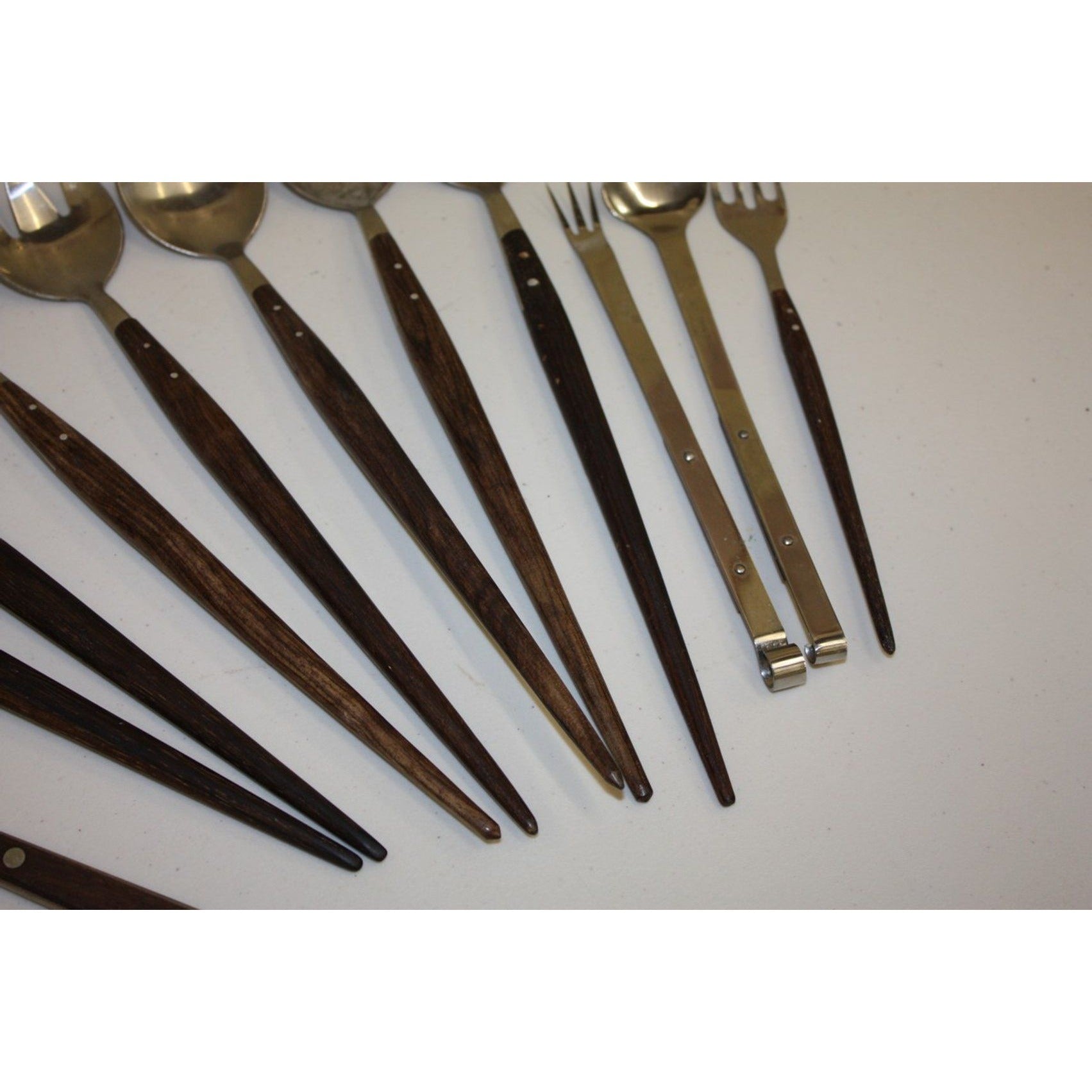 Lot of 12 Vintage MCM Stainless Steel Salad Servers Utensils, Wooden Handles