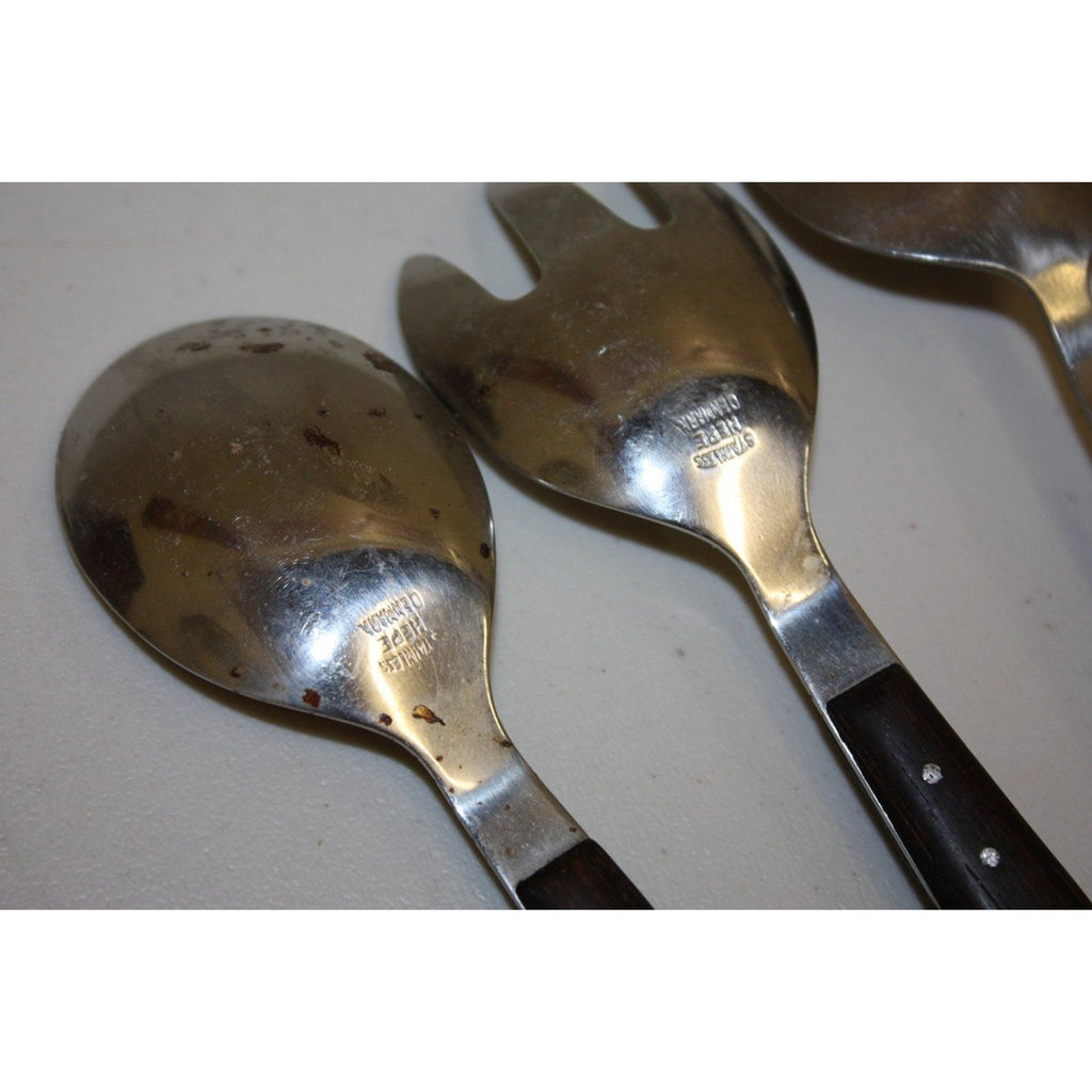 Lot of 12 Vintage MCM Stainless Steel Salad Servers Utensils, Wooden Handles