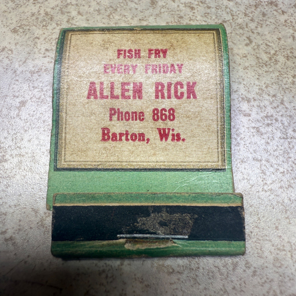 Vintage Matchbook Allen Rick Tavern Barton Wis West Bend Lithia Beer