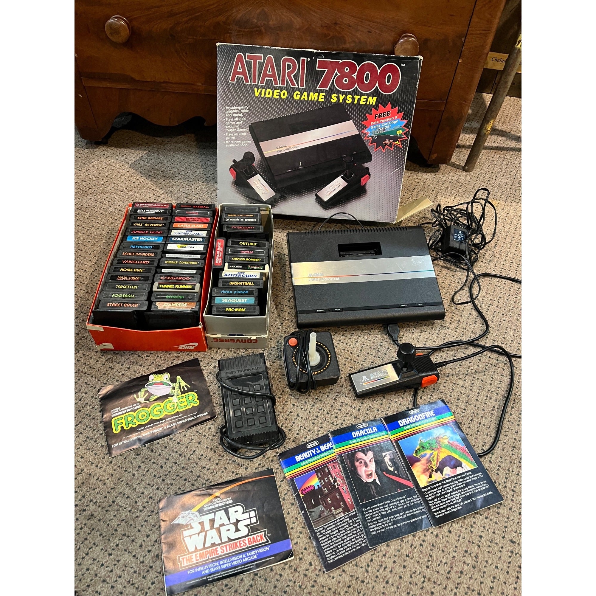 Vintage Atari 7800 System Console Lot Bundle W/ 45 Video Games & Orig. Box