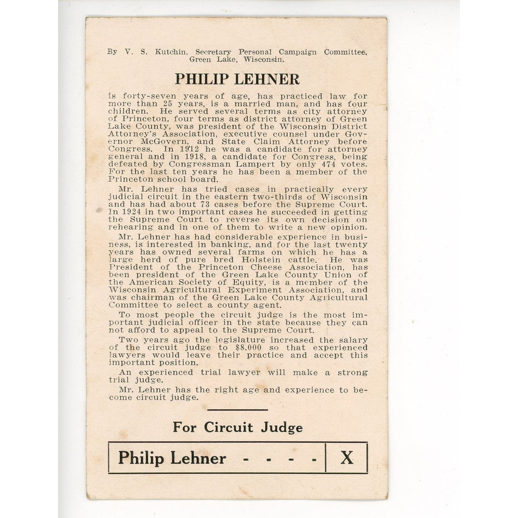 Antique Philip Lehner Princeton Wisconsin Judge Call Card Business