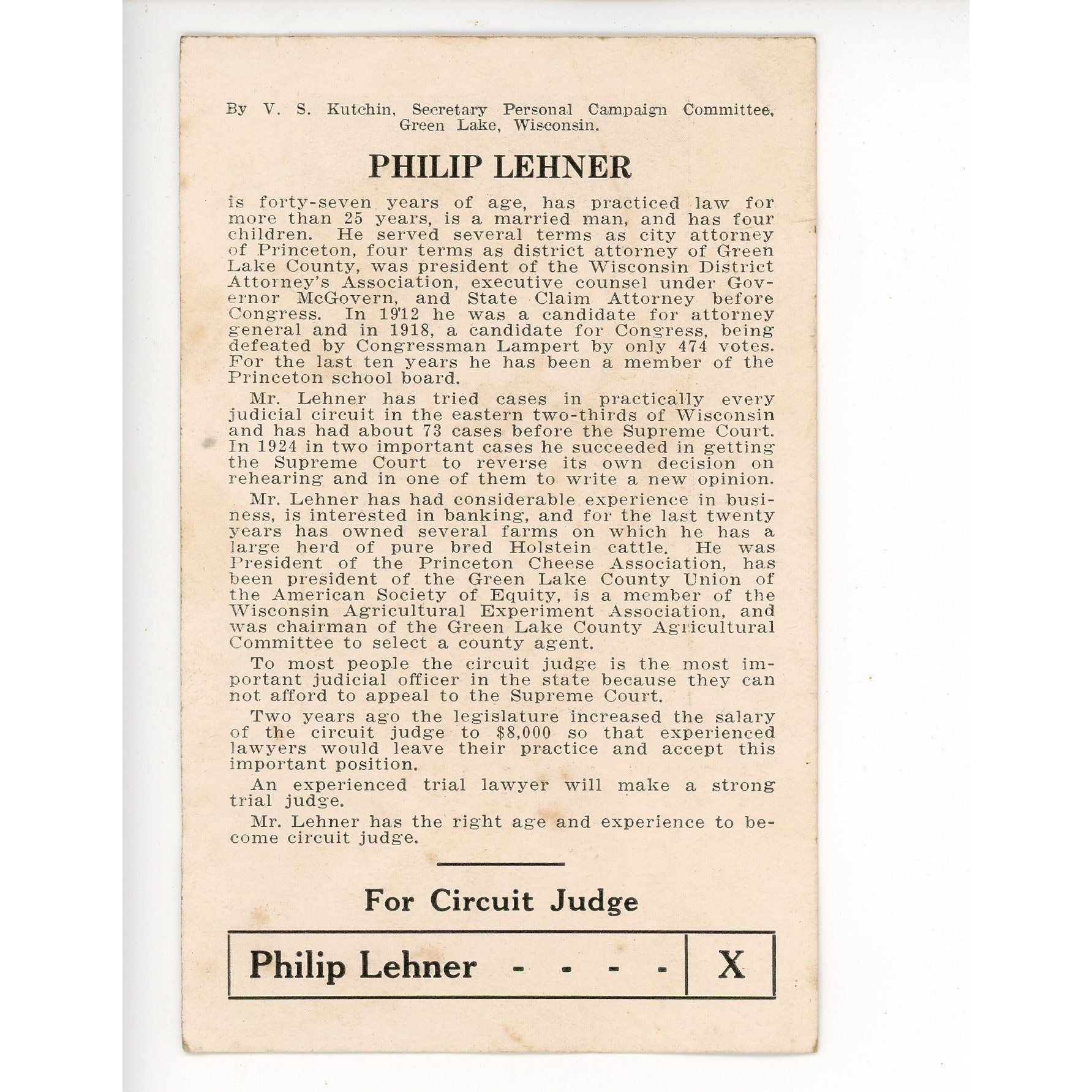Antique Philip Lehner Princeton Wisconsin Judge Call Card Business