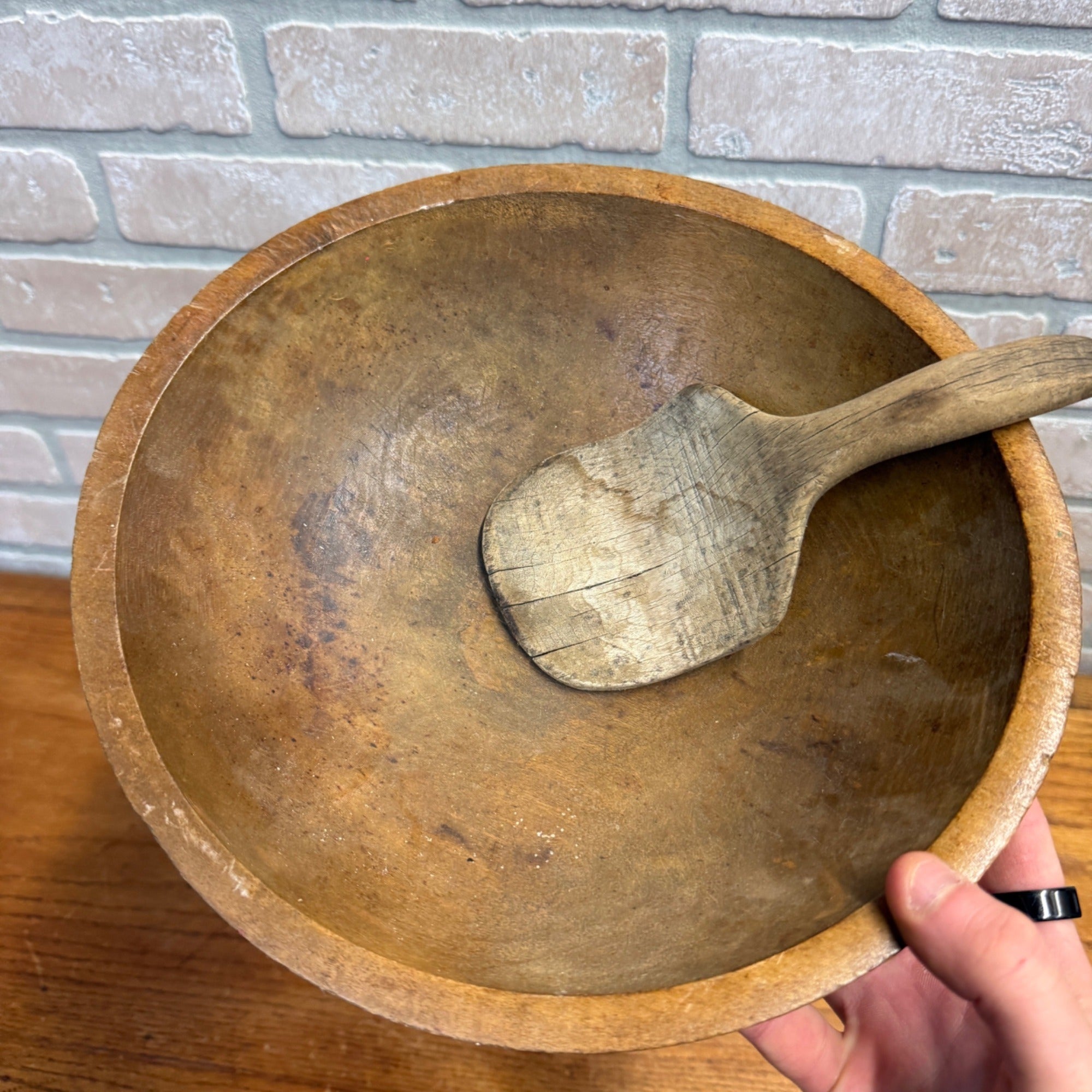 Antique Primitive 19th c. Wooden Butter Bowl w/ Paddle Scoop Farmhouse