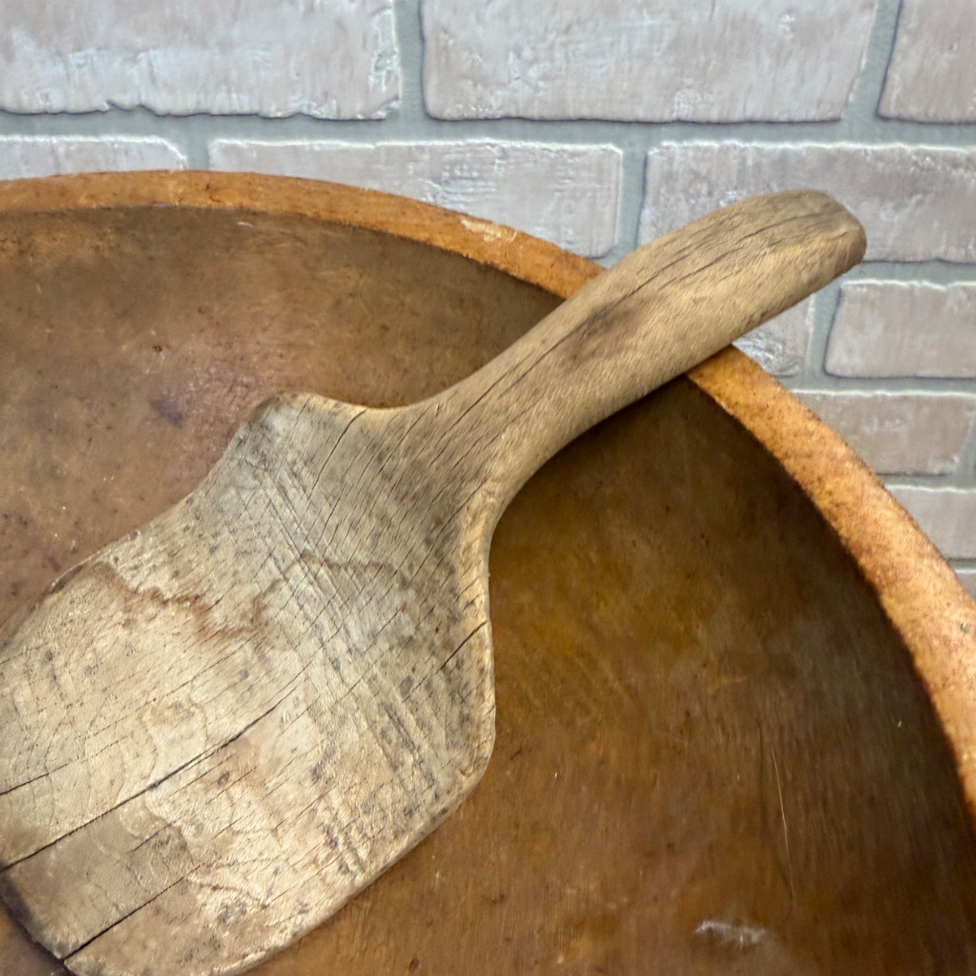 Antique Primitive 19th c. Wooden Butter Bowl w/ Paddle Scoop Farmhouse