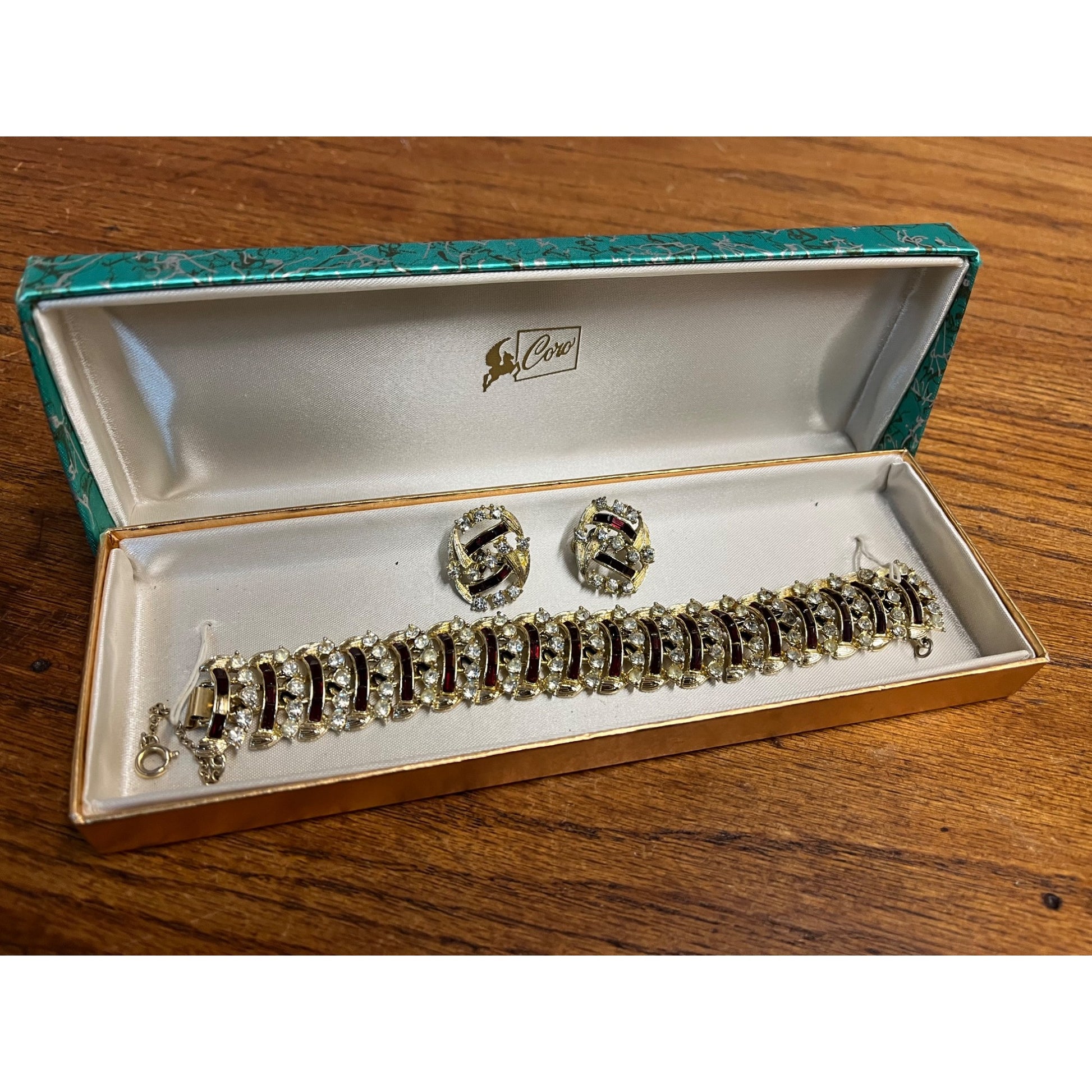 Vintage Coro Craft Bracelet & Earrings Set Red Rhinestones 7"