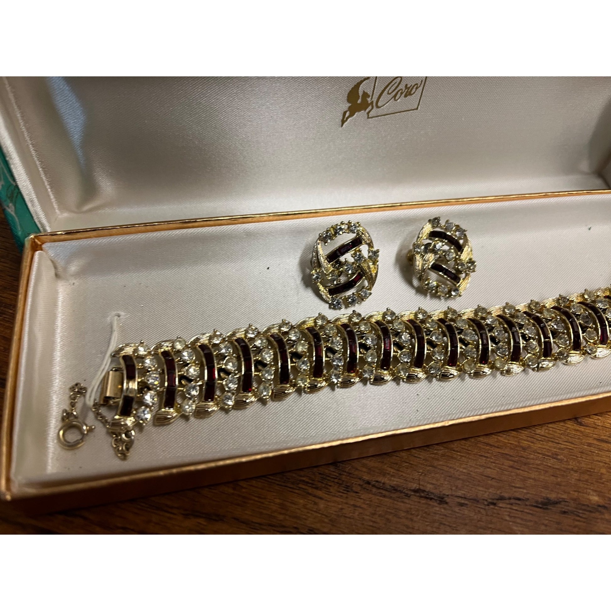 Vintage Coro Craft Bracelet & Earrings Set Red Rhinestones 7"