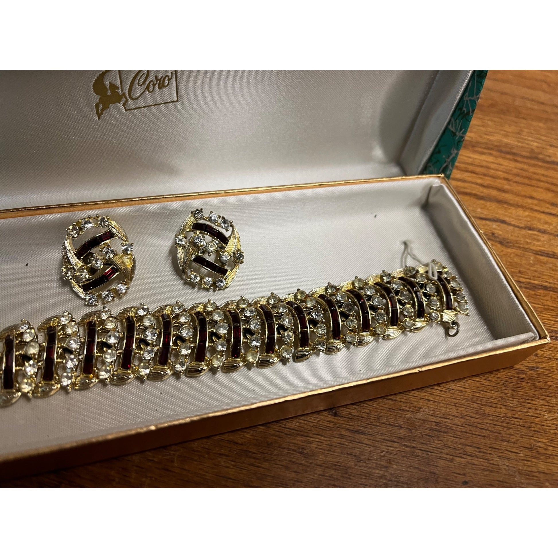 Vintage Coro Craft Bracelet & Earrings Set Red Rhinestones 7"