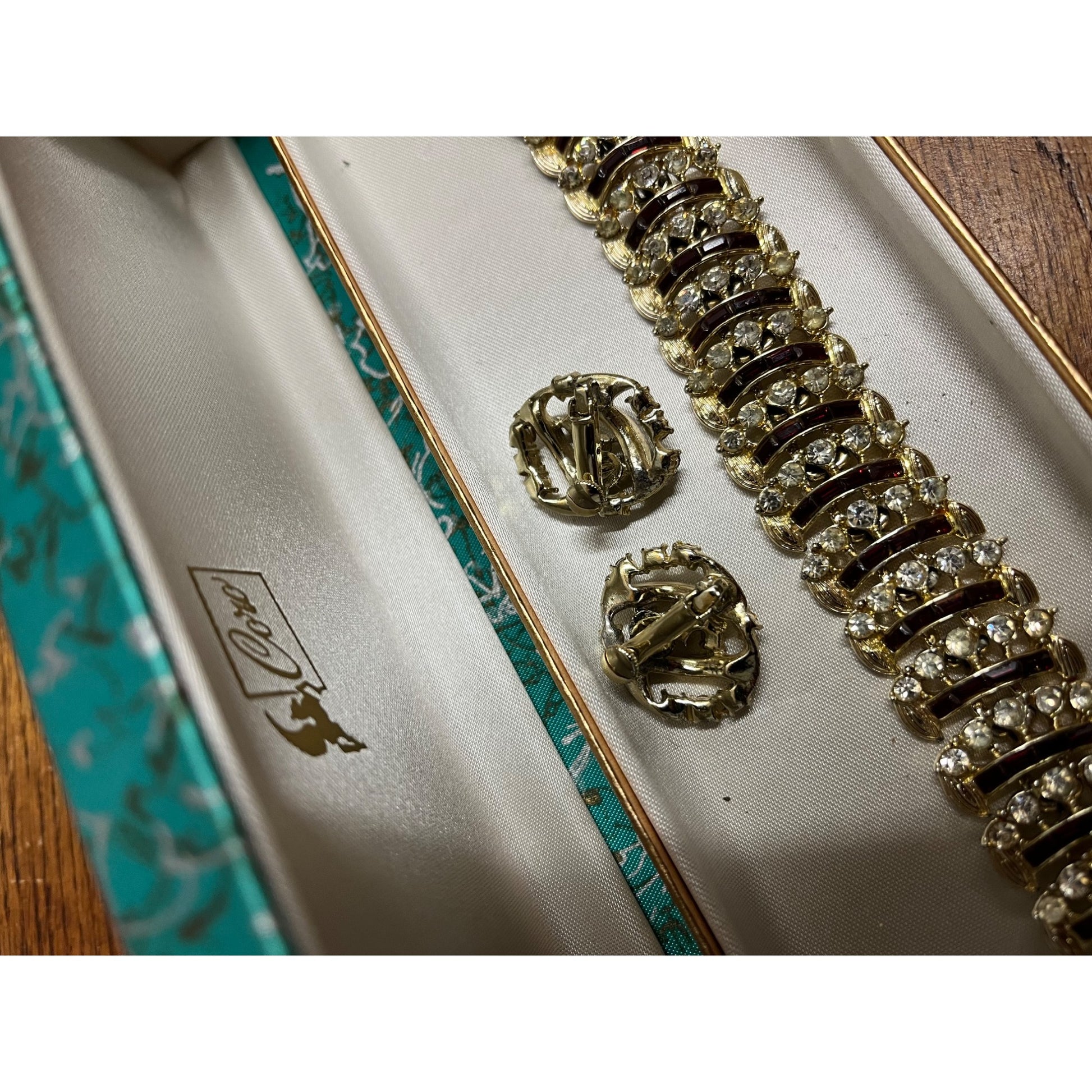 Vintage Coro Craft Bracelet & Earrings Set Red Rhinestones 7"