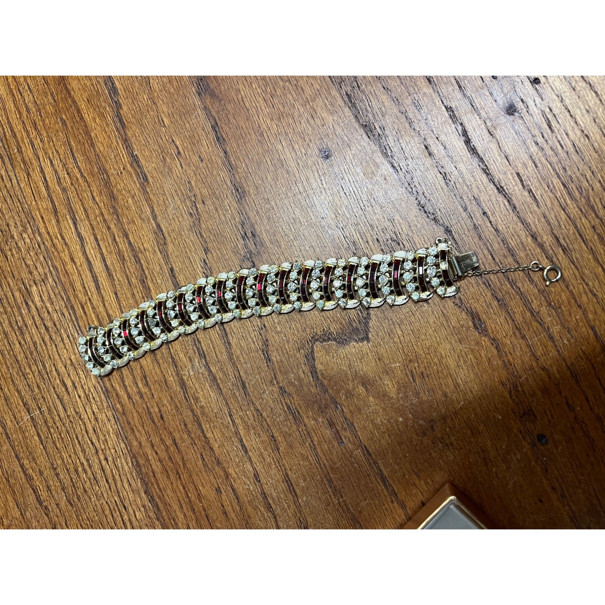 Vintage Coro Craft Bracelet & Earrings Set Red Rhinestones 7"