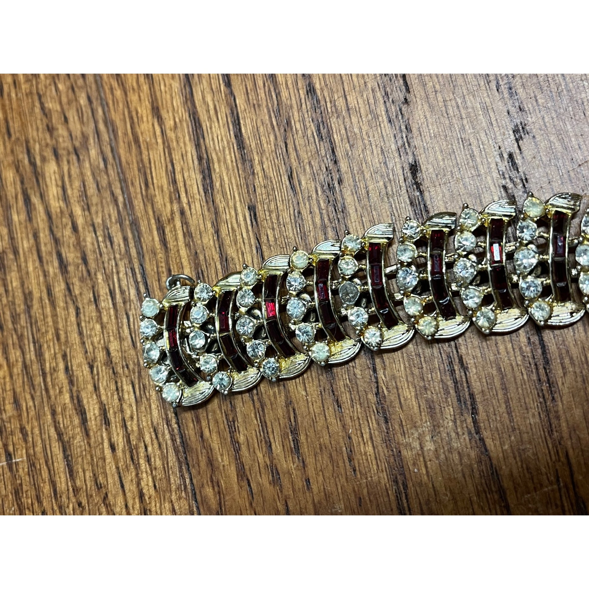 Vintage Coro Craft Bracelet & Earrings Set Red Rhinestones 7"