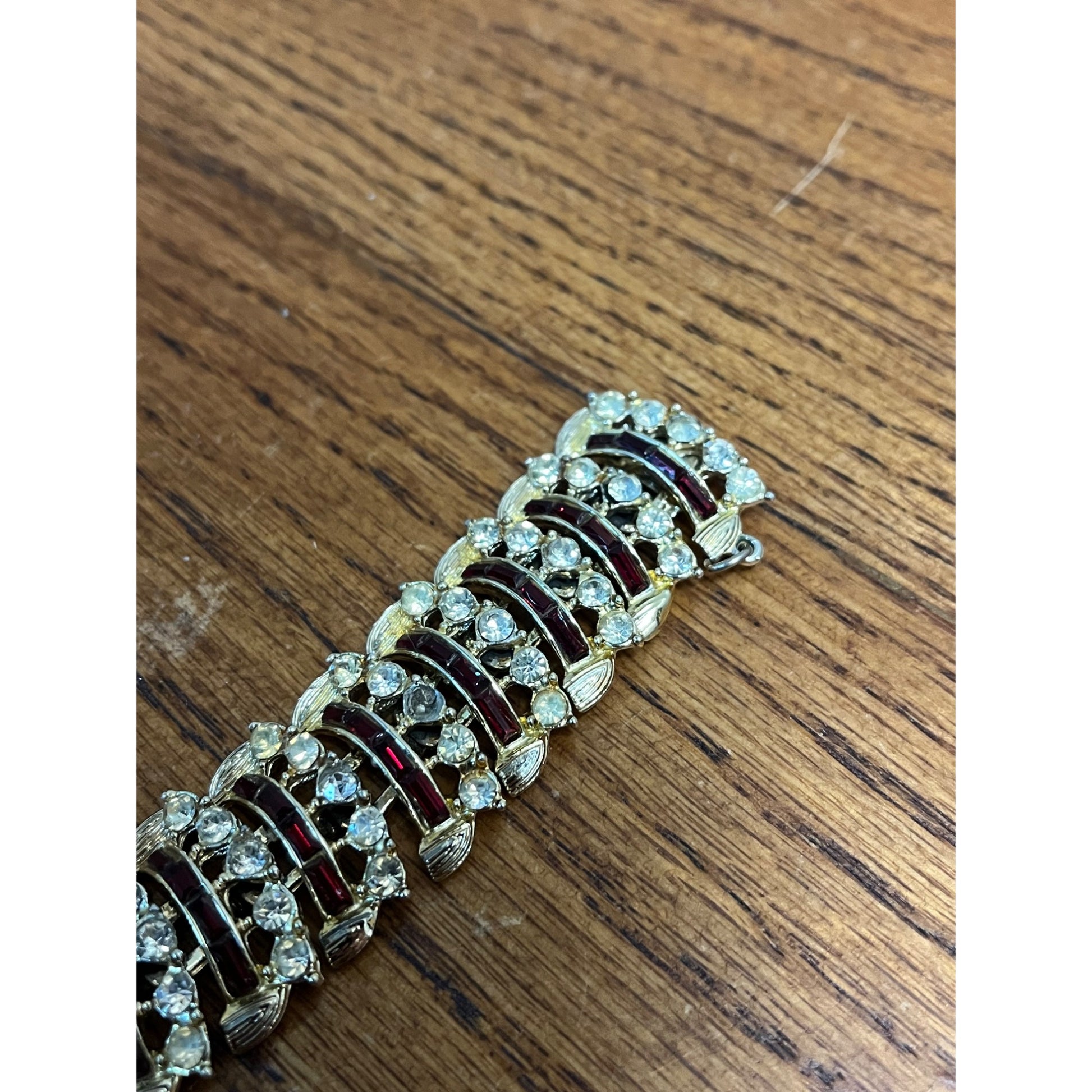 Vintage Coro Craft Bracelet & Earrings Set Red Rhinestones 7"