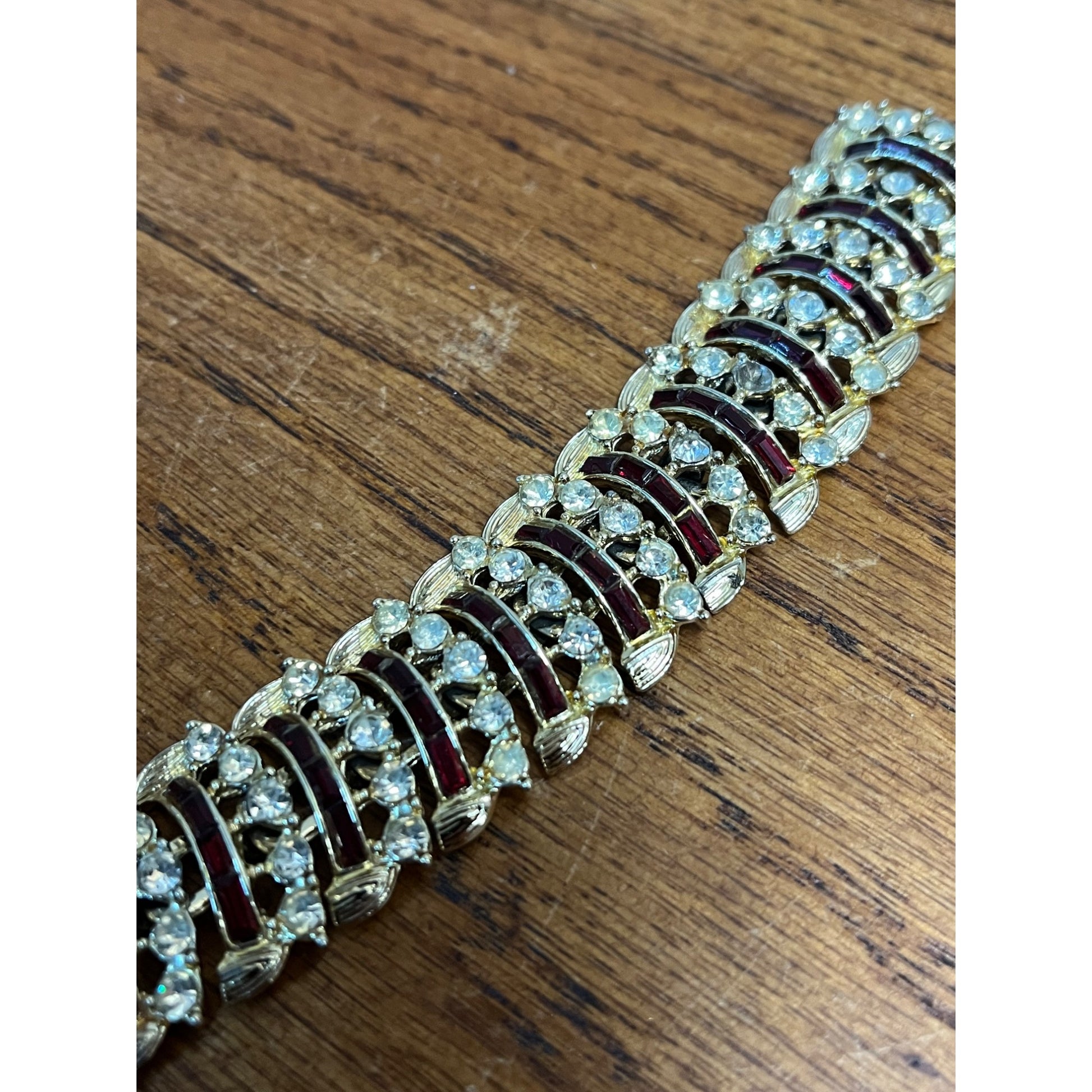 Vintage Coro Craft Bracelet & Earrings Set Red Rhinestones 7"