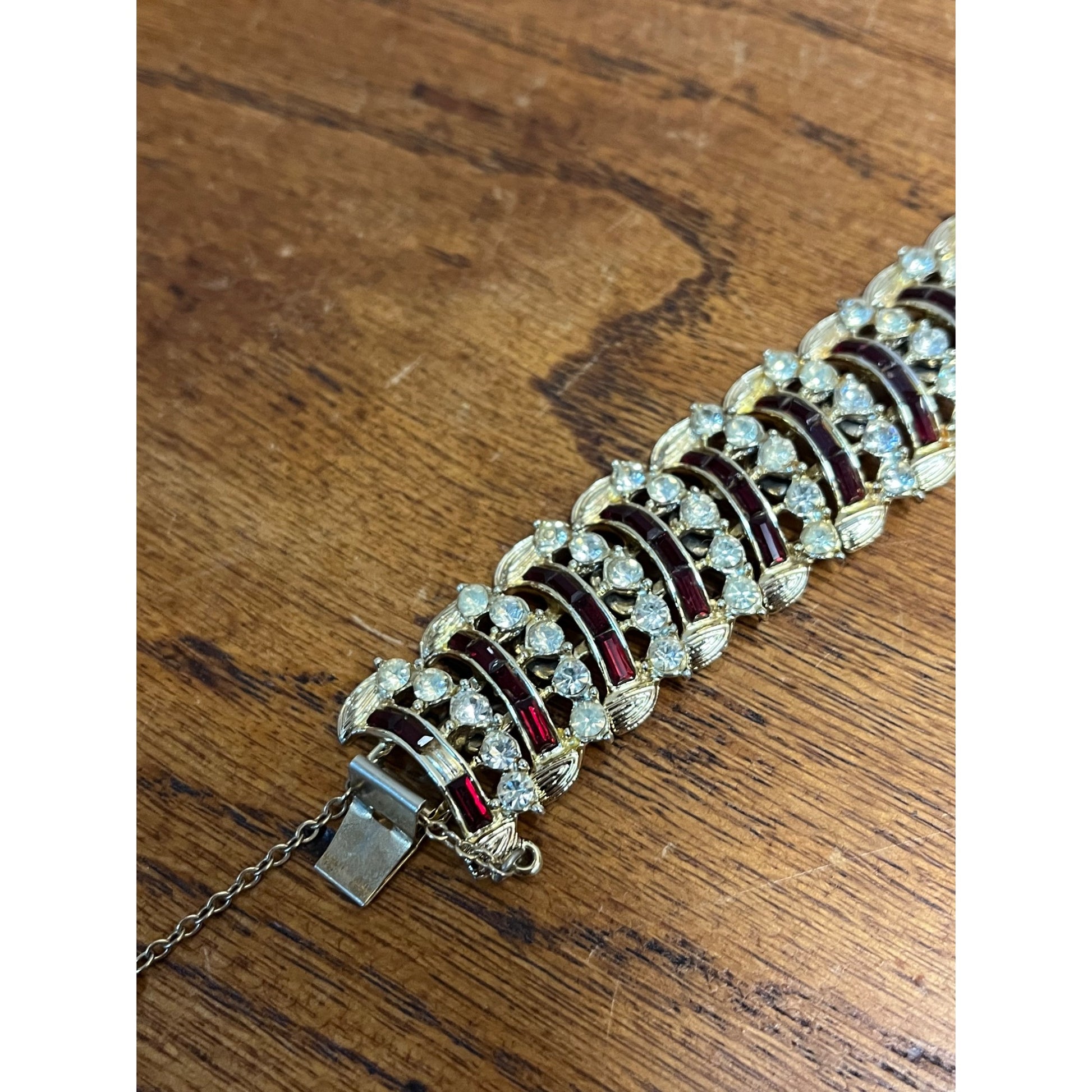 Vintage Coro Craft Bracelet & Earrings Set Red Rhinestones 7"