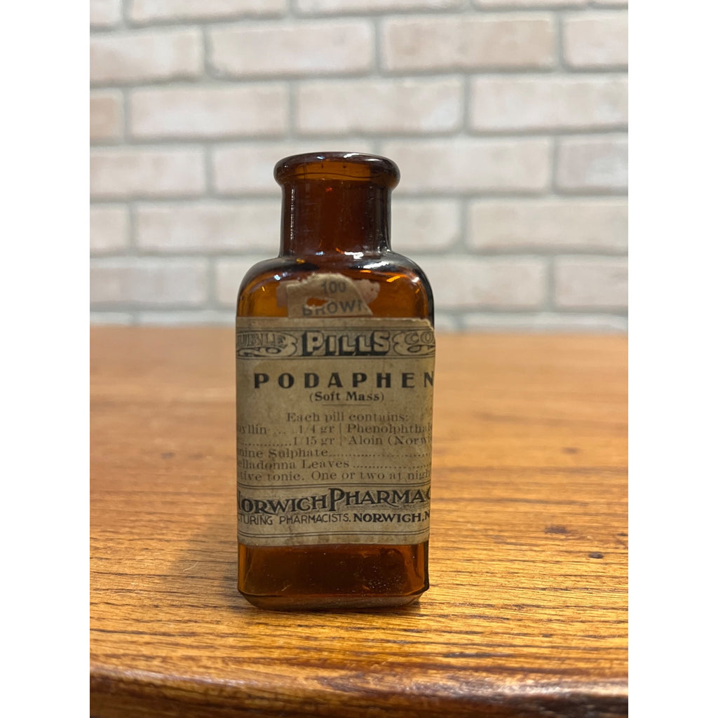 Antique Early 1900's Norwich Pharmacal Co. Podaphen Pills Medicine Bottle