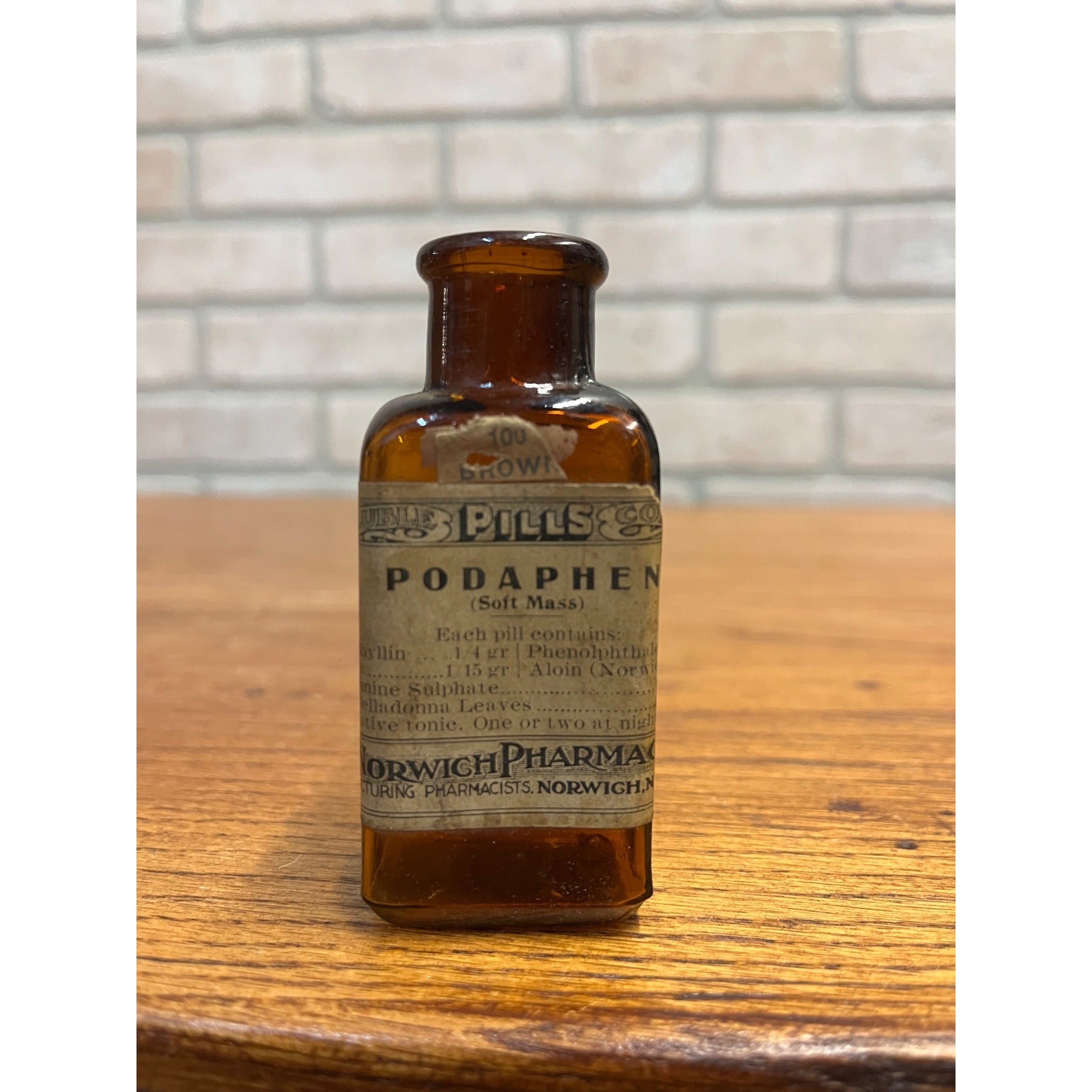 Antique Early 1900's Norwich Pharmacal Co. Podaphen Pills Medicine Bottle