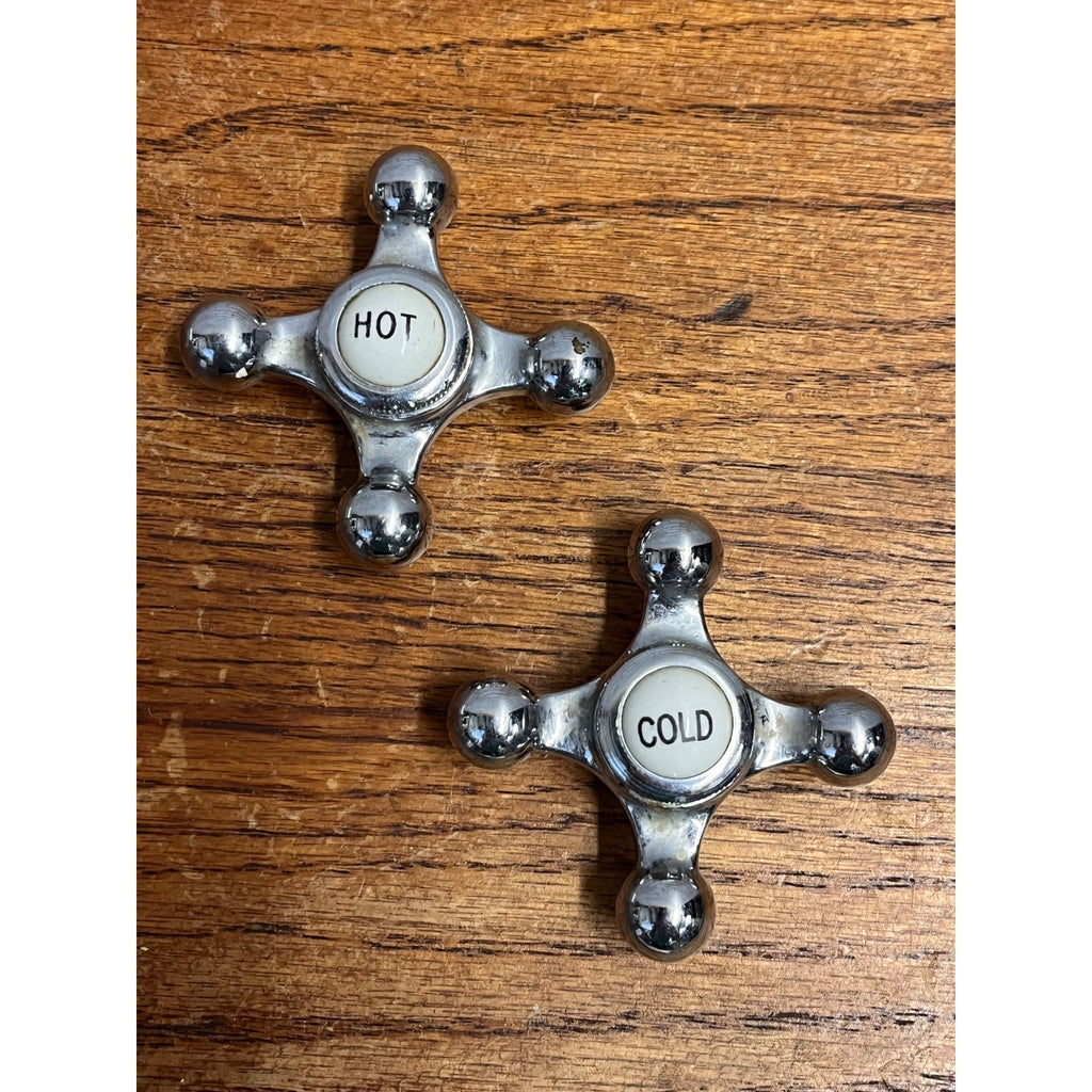 Antique Hot Cold Nickel & Porcelain Faucet Cross Handles Pair Bath Tub Sink 2.5"