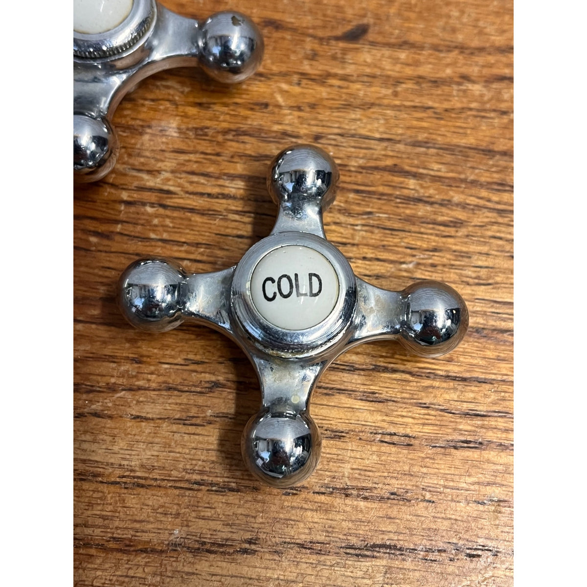 Antique Hot Cold Nickel & Porcelain Faucet Cross Handles Pair Bath Tub Sink 2.5"