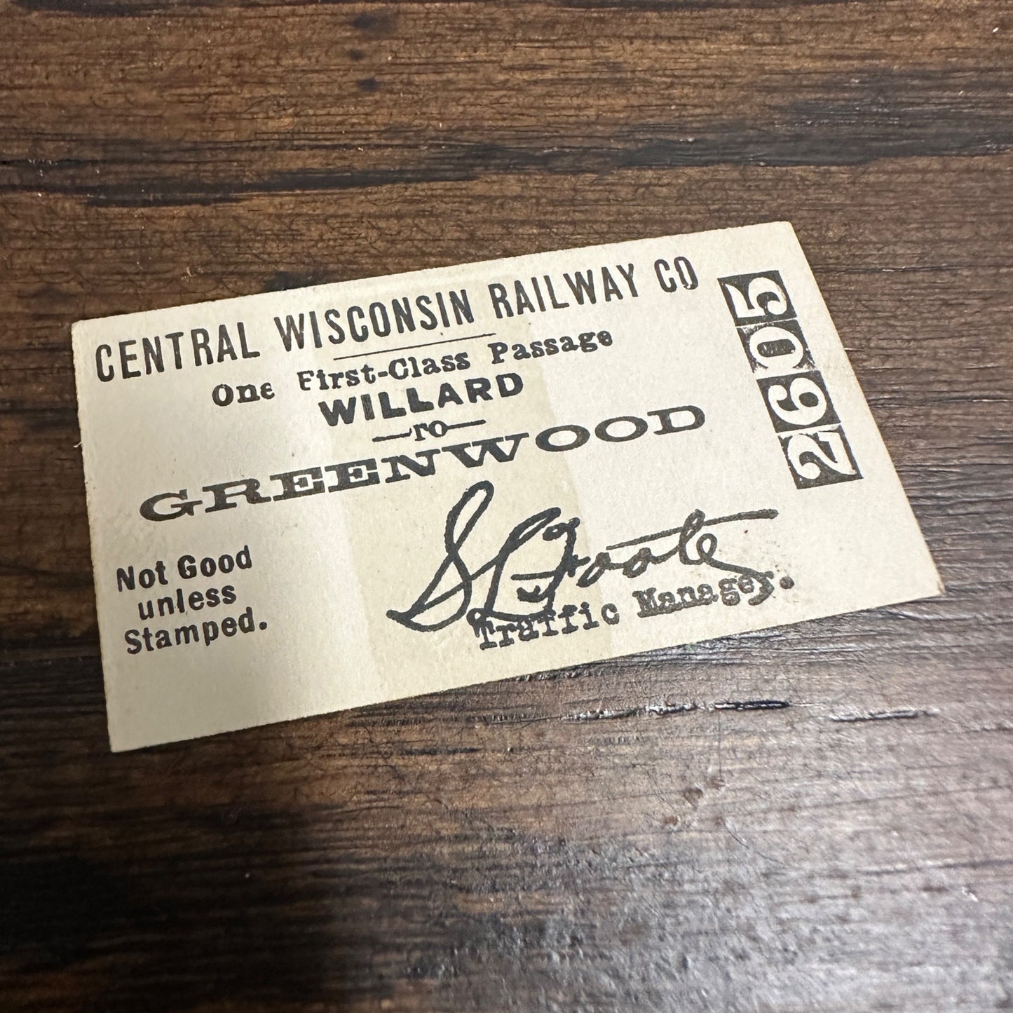 RARE Wisconsin Central Railway (1897-54) Ticket Pass Willard to Greenwood MINT