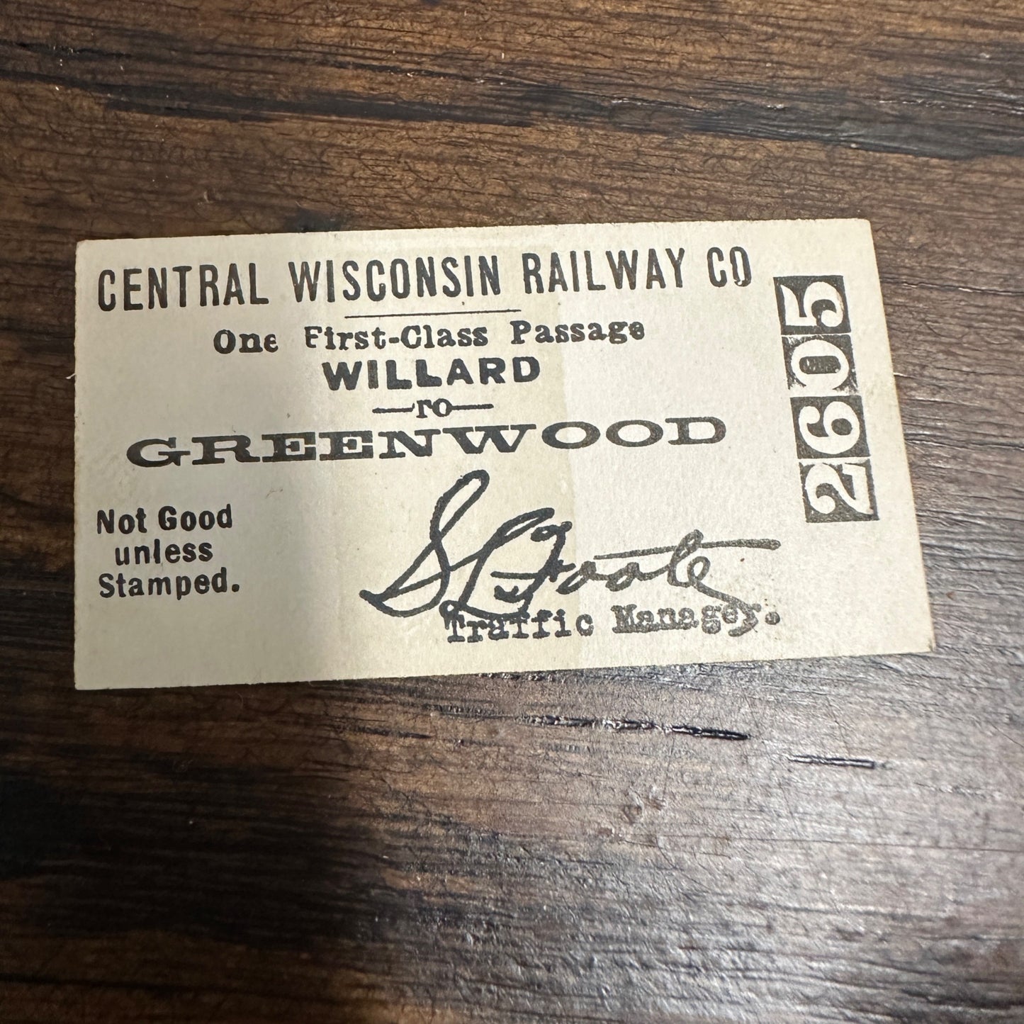 RARE Wisconsin Central Railway (1897-54) Ticket Pass Willard to Greenwood MINT