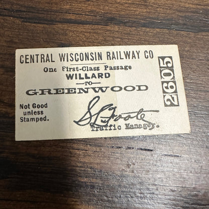 RARE Wisconsin Central Railway (1897-54) Ticket Pass Willard to Greenwood MINT