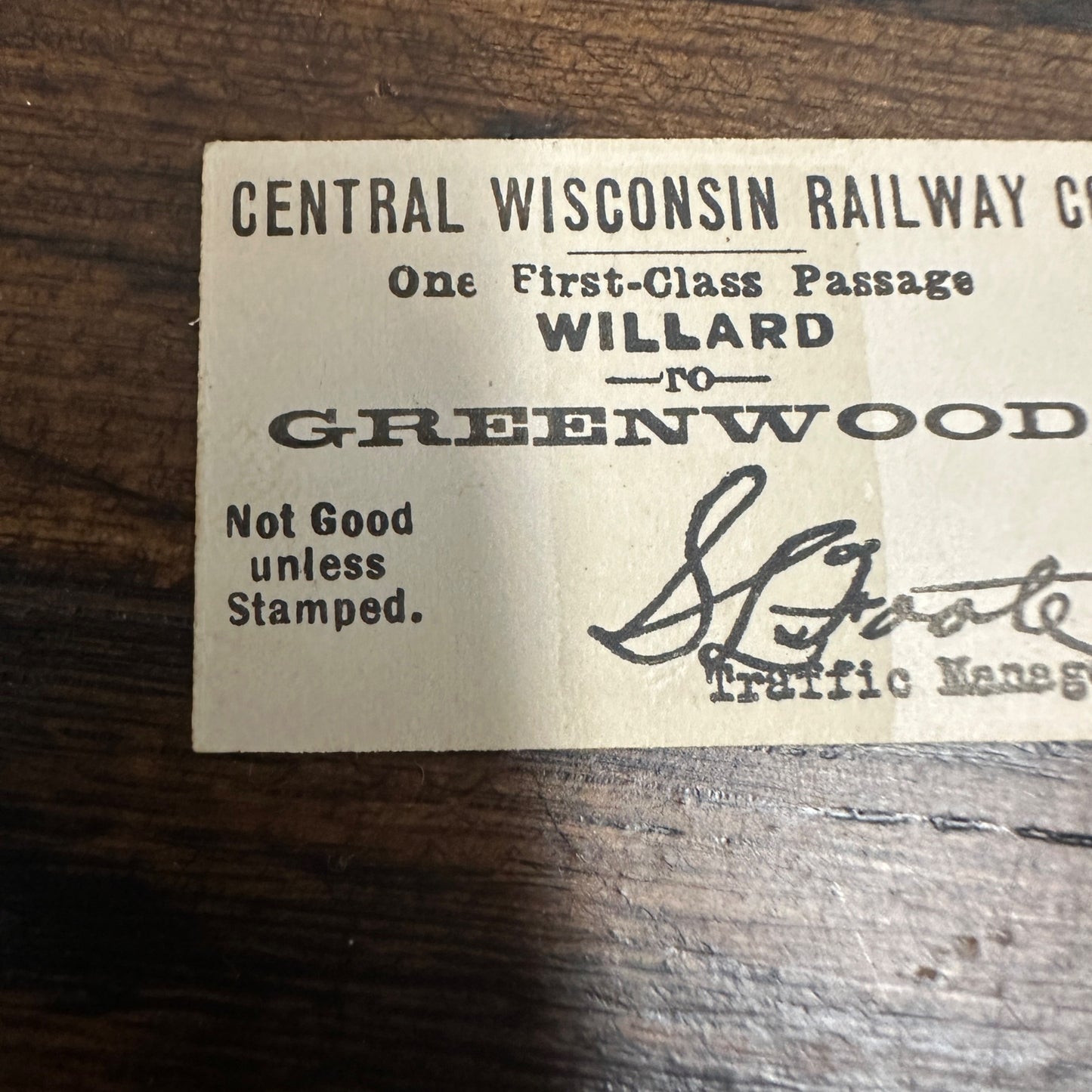 RARE Wisconsin Central Railway (1897-54) Ticket Pass Willard to Greenwood MINT