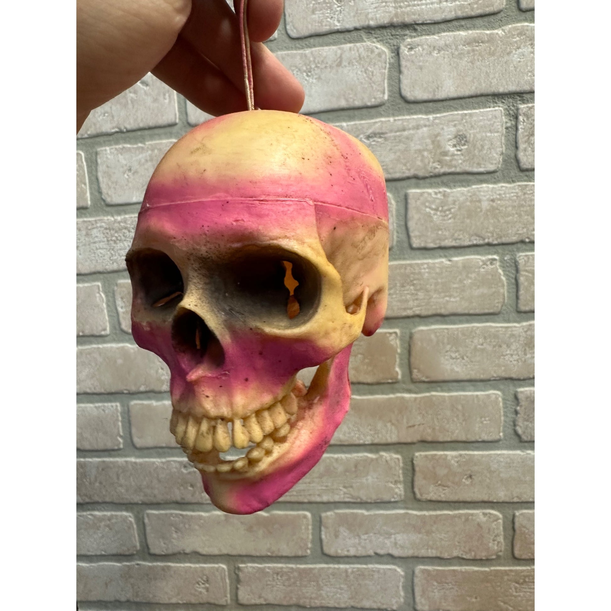 Vintage 1960s Halloween Plastic Dangling Skull Plastic Ornament Articulated Jaw Pink