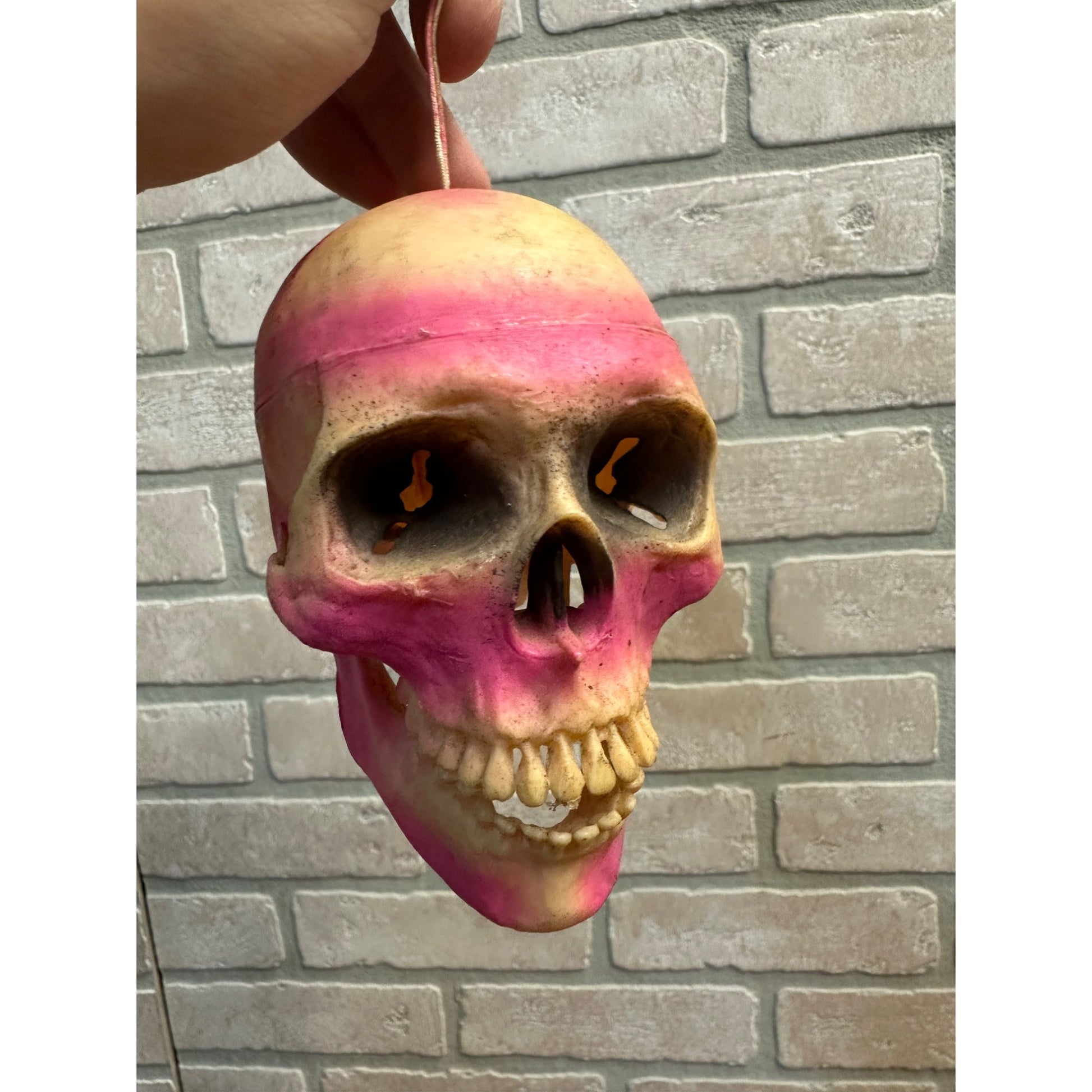 Vintage 1960s Halloween Plastic Dangling Skull Plastic Ornament Articulated Jaw Pink