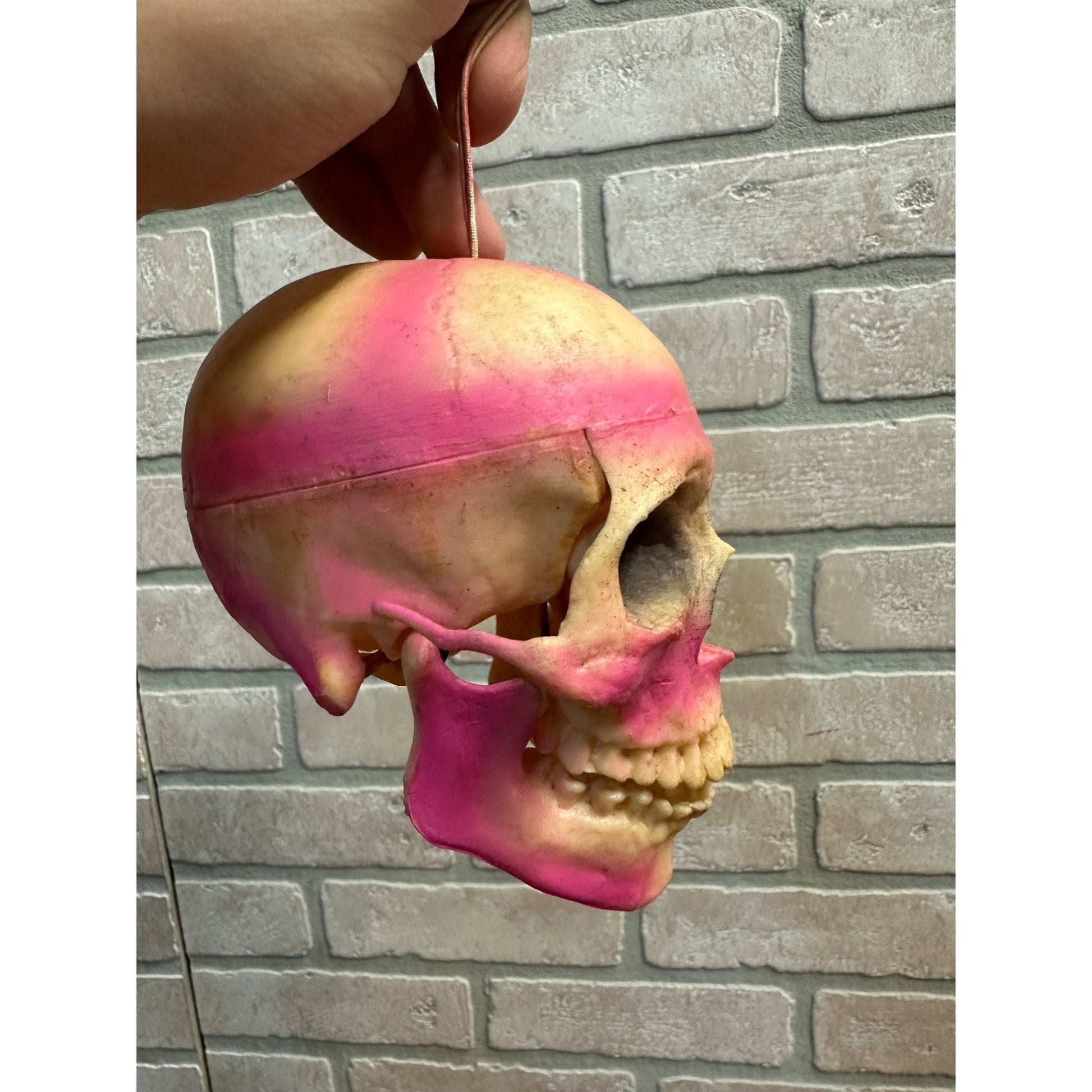 Vintage 1960s Halloween Plastic Dangling Skull Plastic Ornament Articulated Jaw Pink