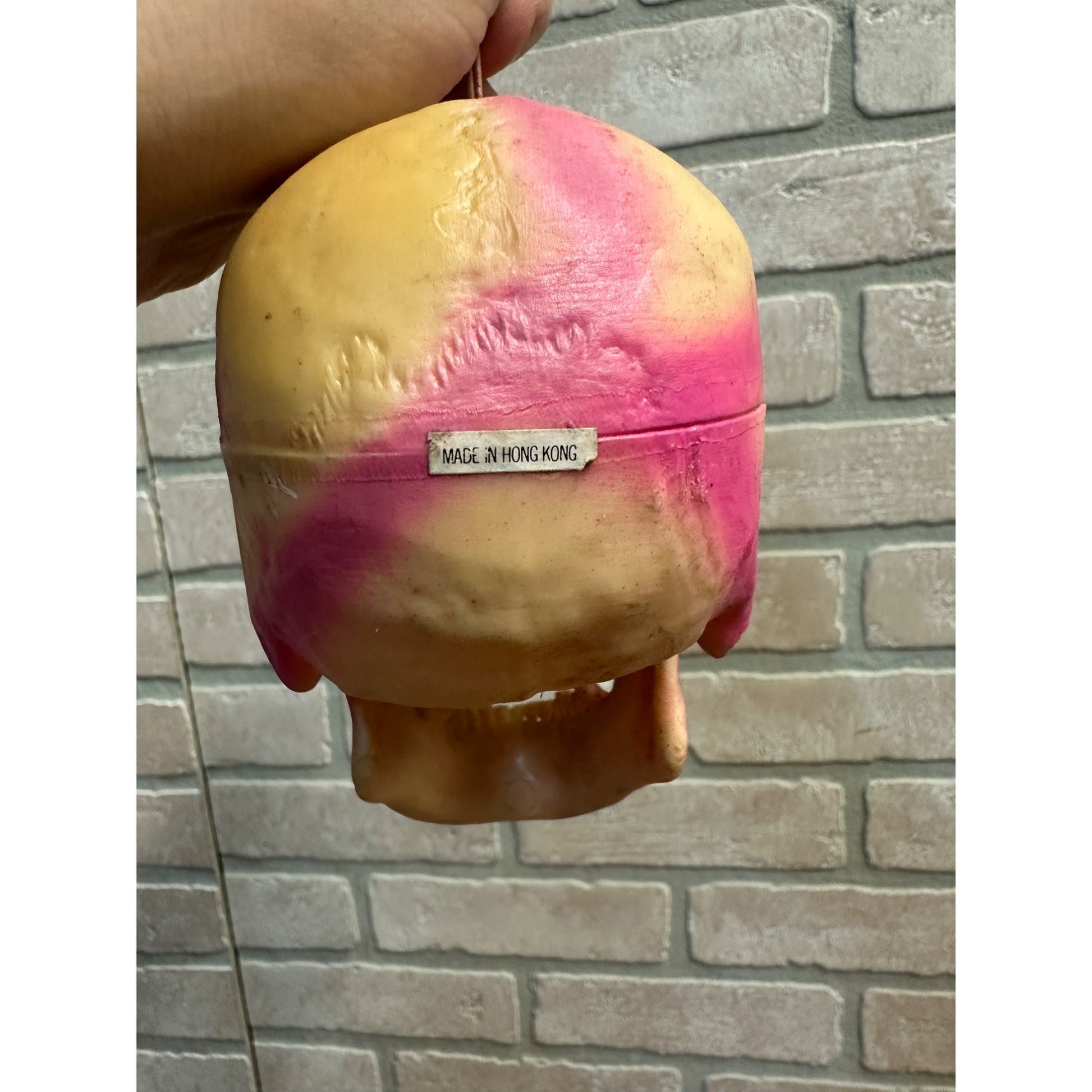 Vintage 1960s Halloween Plastic Dangling Skull Plastic Ornament Articulated Jaw Pink
