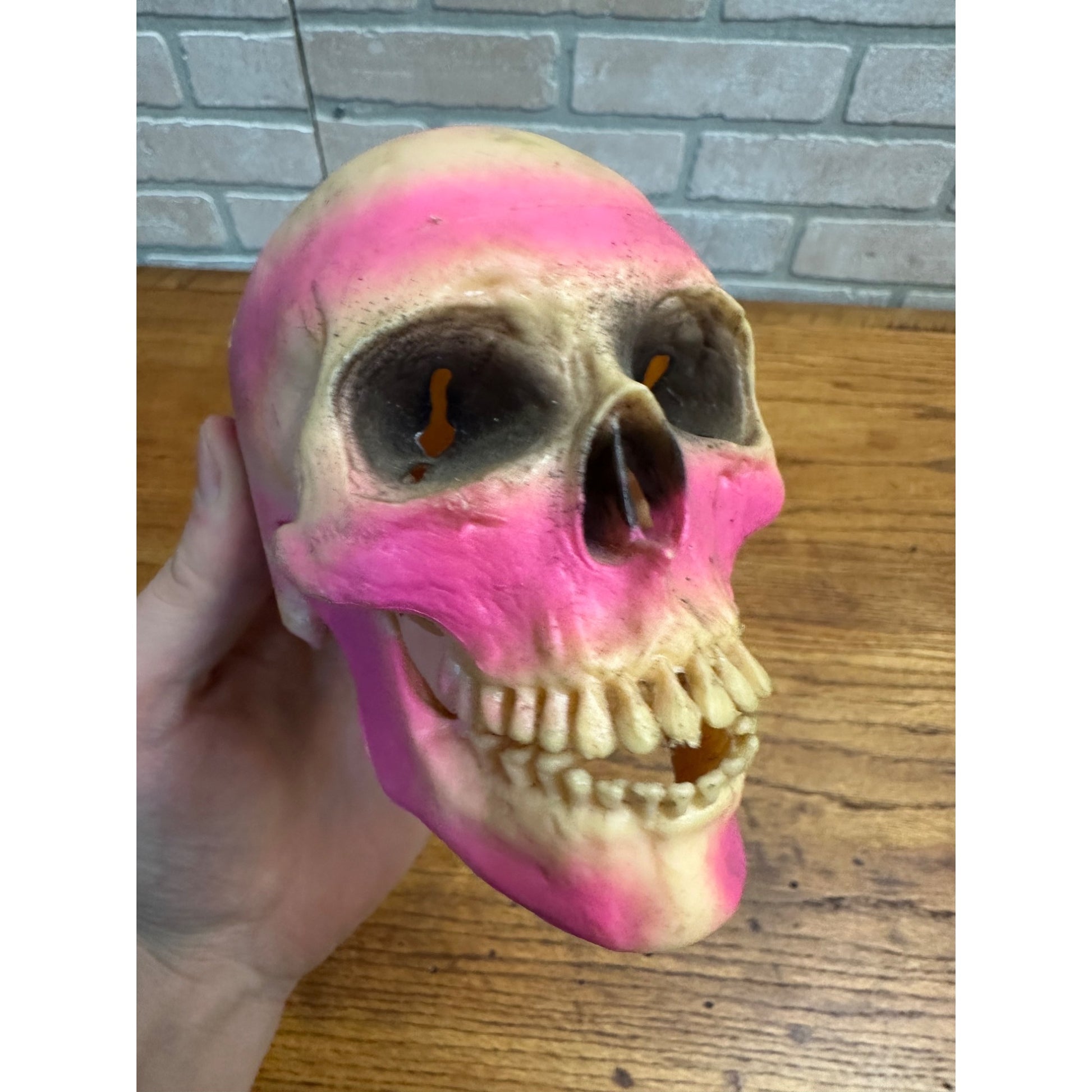 Vintage 1960s Halloween Plastic Dangling Skull Plastic Ornament Articulated Jaw Pink