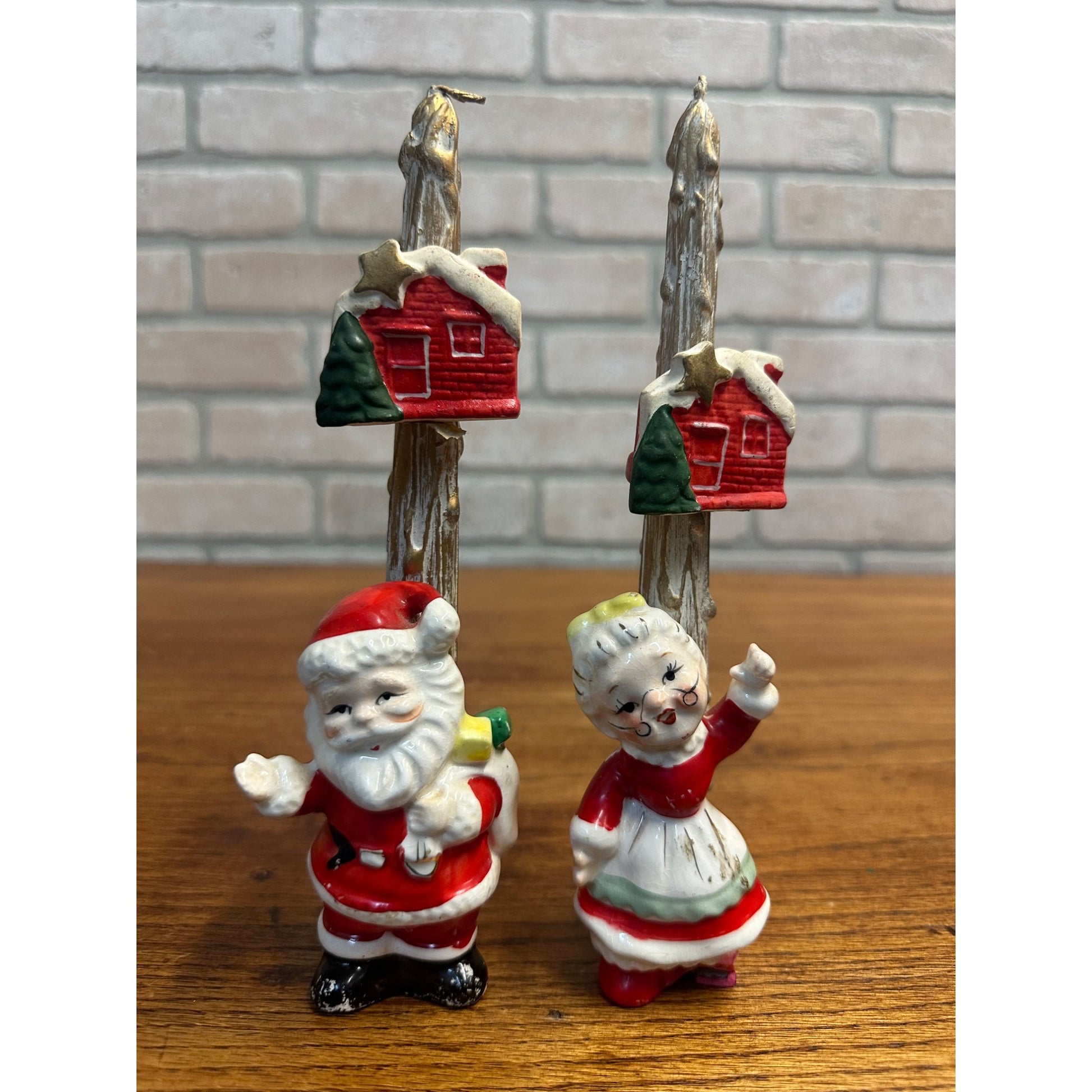 Vintage 1960s Kitschy Japan Santa & Mrs Claus Porcelain Candle Holders Pair