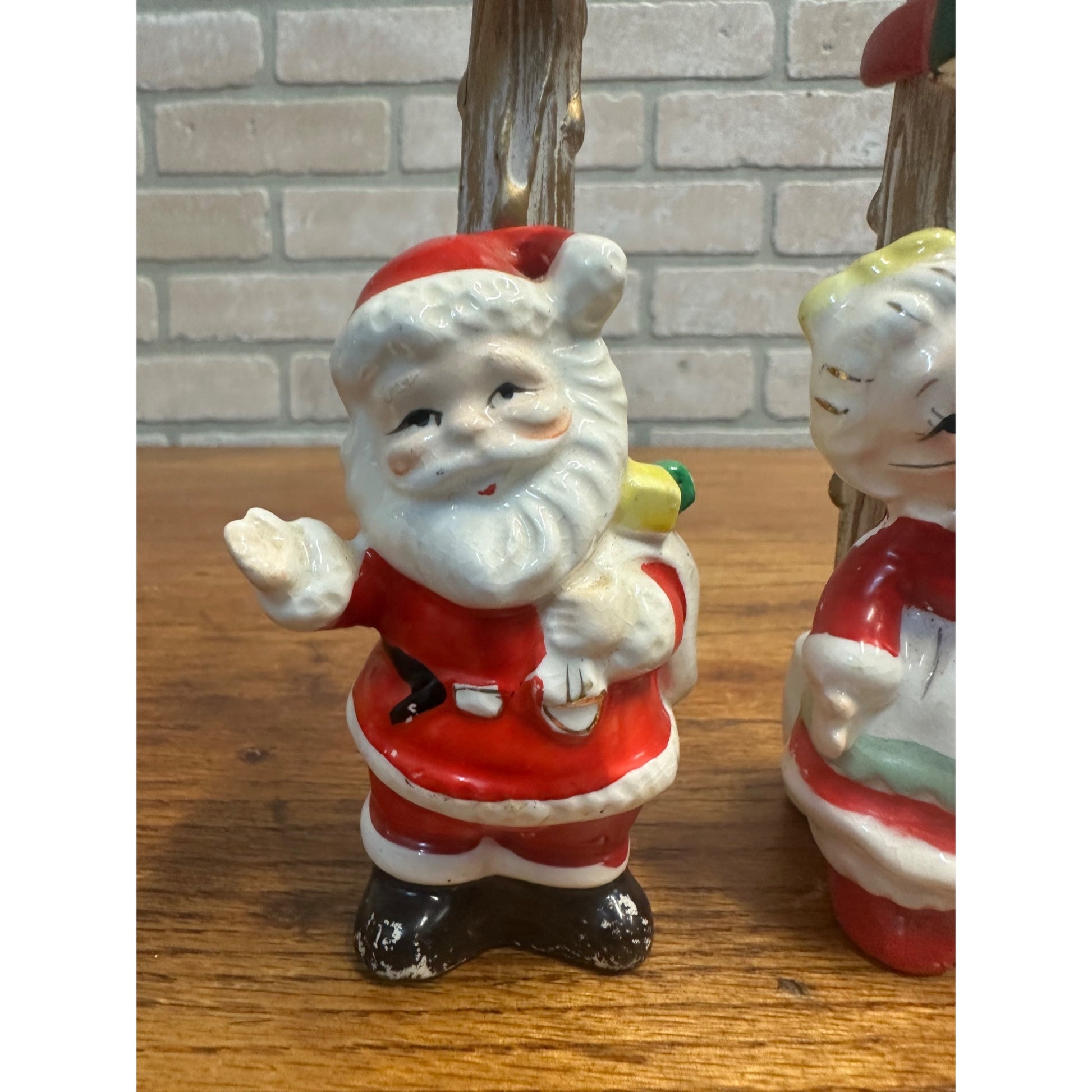 Vintage 1960s Kitschy Japan Santa & Mrs Claus Porcelain Candle Holders Pair
