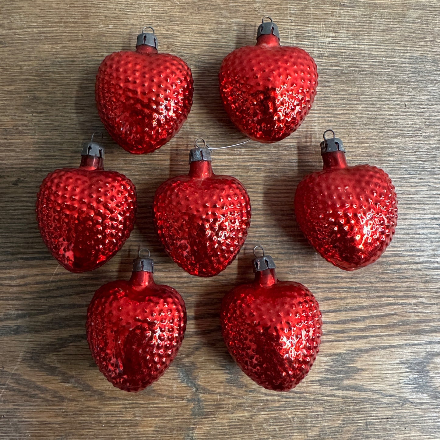 Vintage 1930s German Blown Glass Red Bumpy Heart Christmas Ornaments Lot (7)