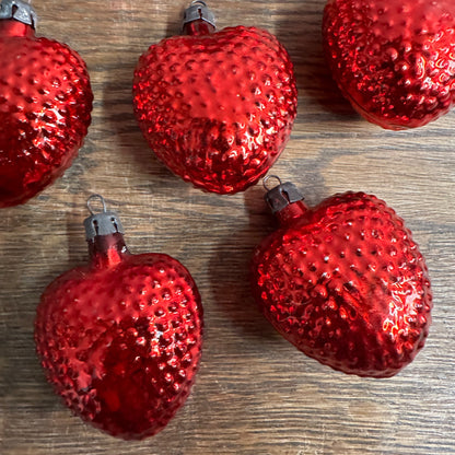 Vintage 1930s German Blown Glass Red Bumpy Heart Christmas Ornaments Lot (7)