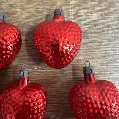 Vintage 1930s German Blown Glass Red Bumpy Heart Christmas Ornaments Lot (7)