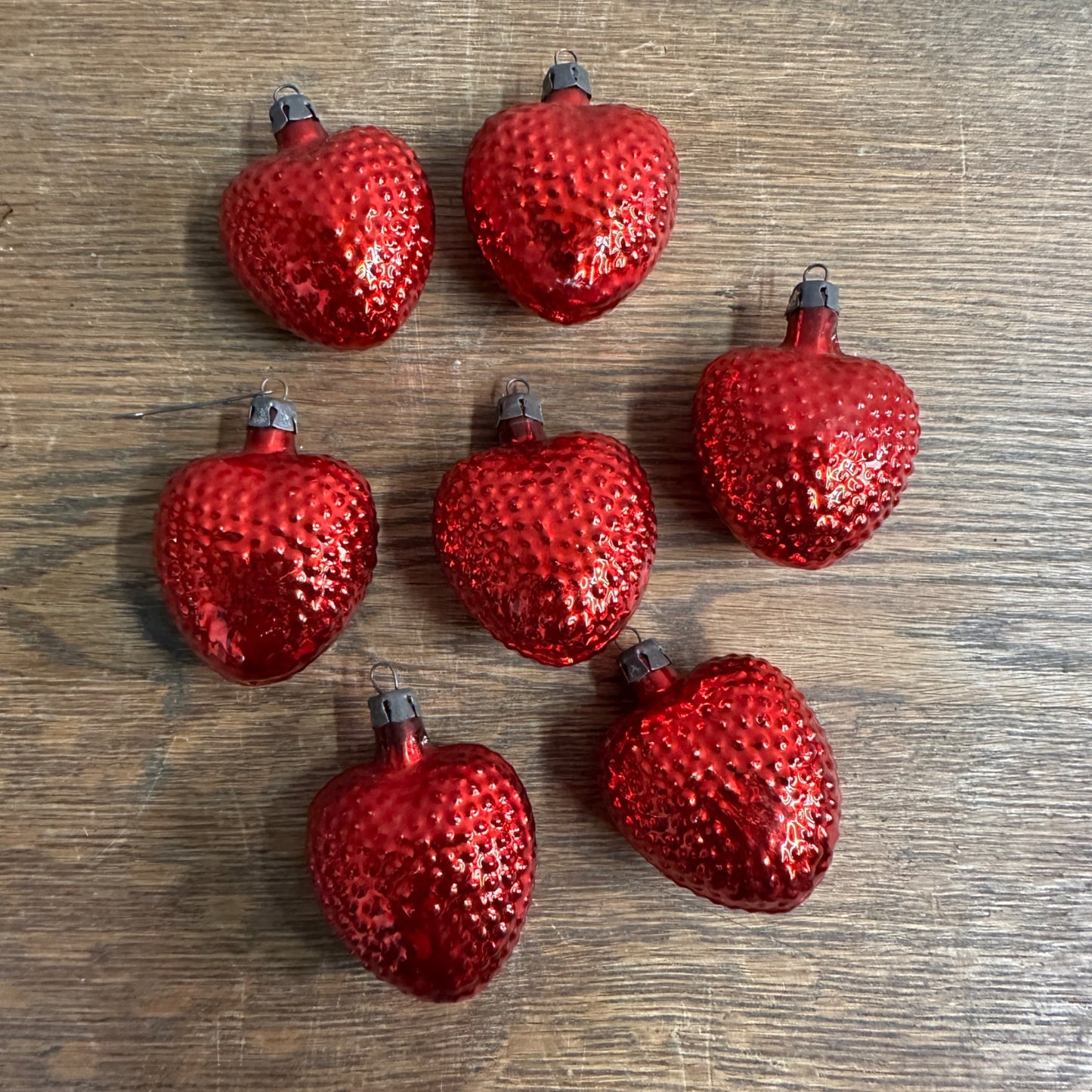 Vintage 1930s German Blown Glass Red Bumpy Heart Christmas Ornaments Lot (7)