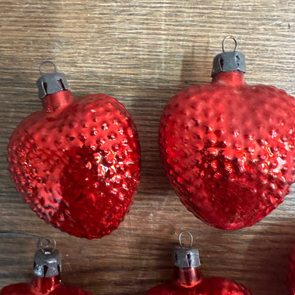 Vintage 1930s German Blown Glass Red Bumpy Heart Christmas Ornaments Lot (7)