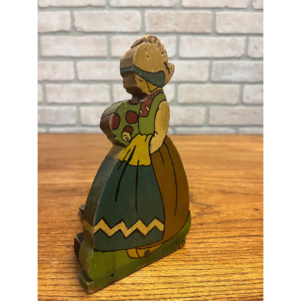 Vintage Hand Painted Dutch Girl Wooden Doorstop Door Wedge Folk Art Holland 1930s