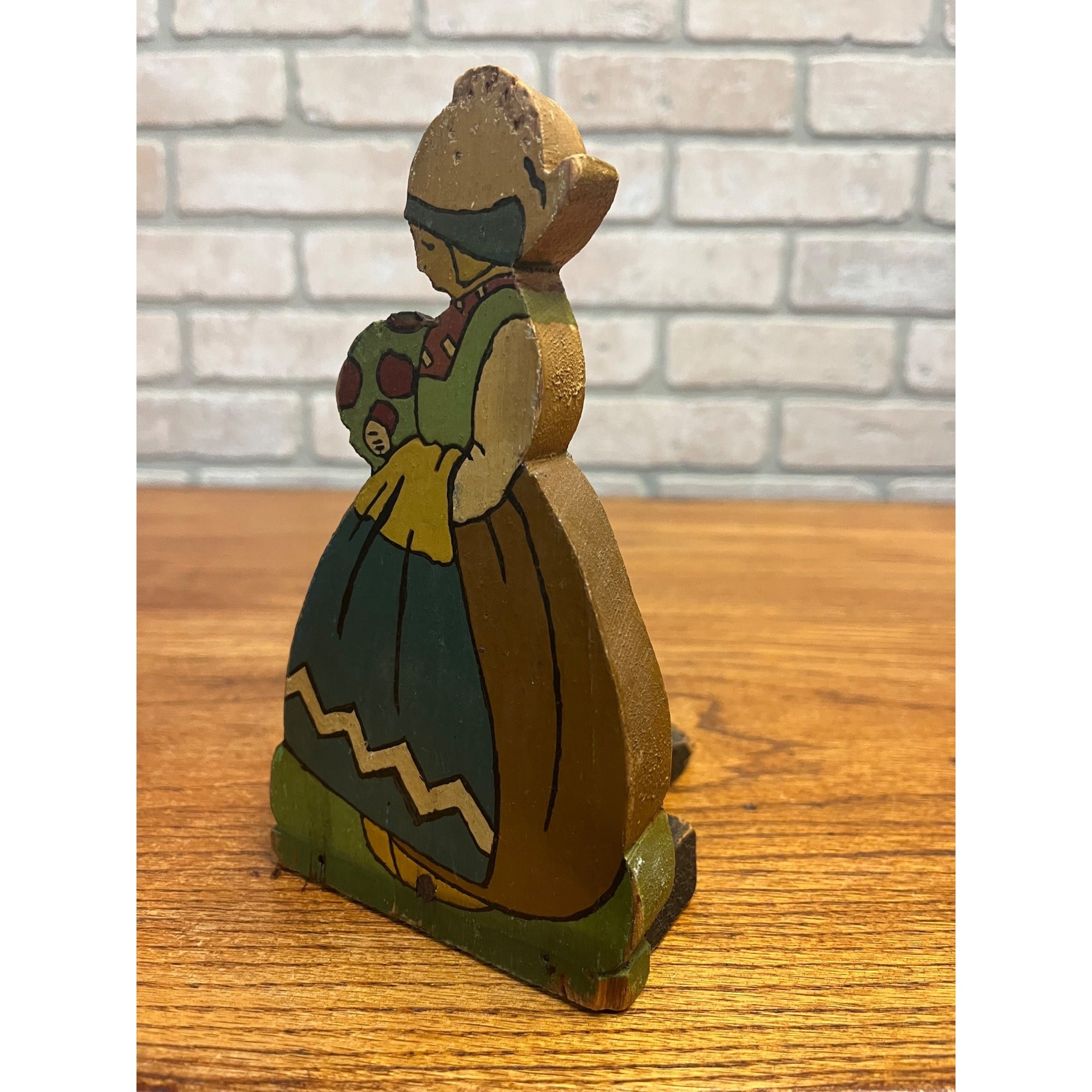 Vintage Hand Painted Dutch Girl Wooden Doorstop Door Wedge Folk Art Holland 1930s
